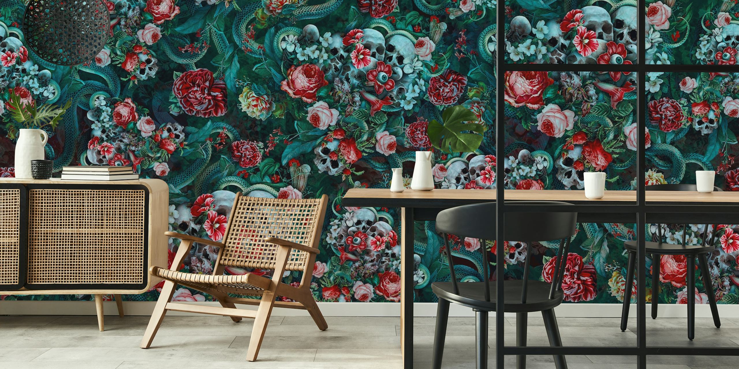 Dark floral wallpaper with skulls, red roses, and green foliage