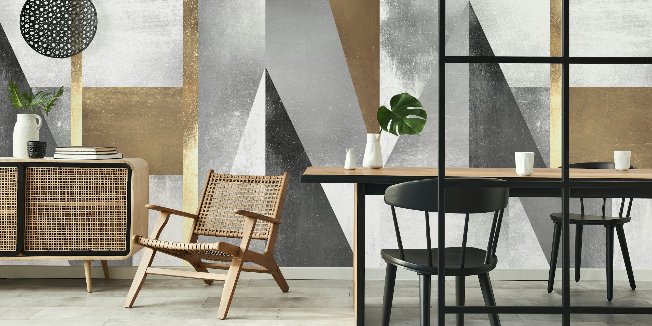 Geometric shapes in black, gray, and gold wallpaper