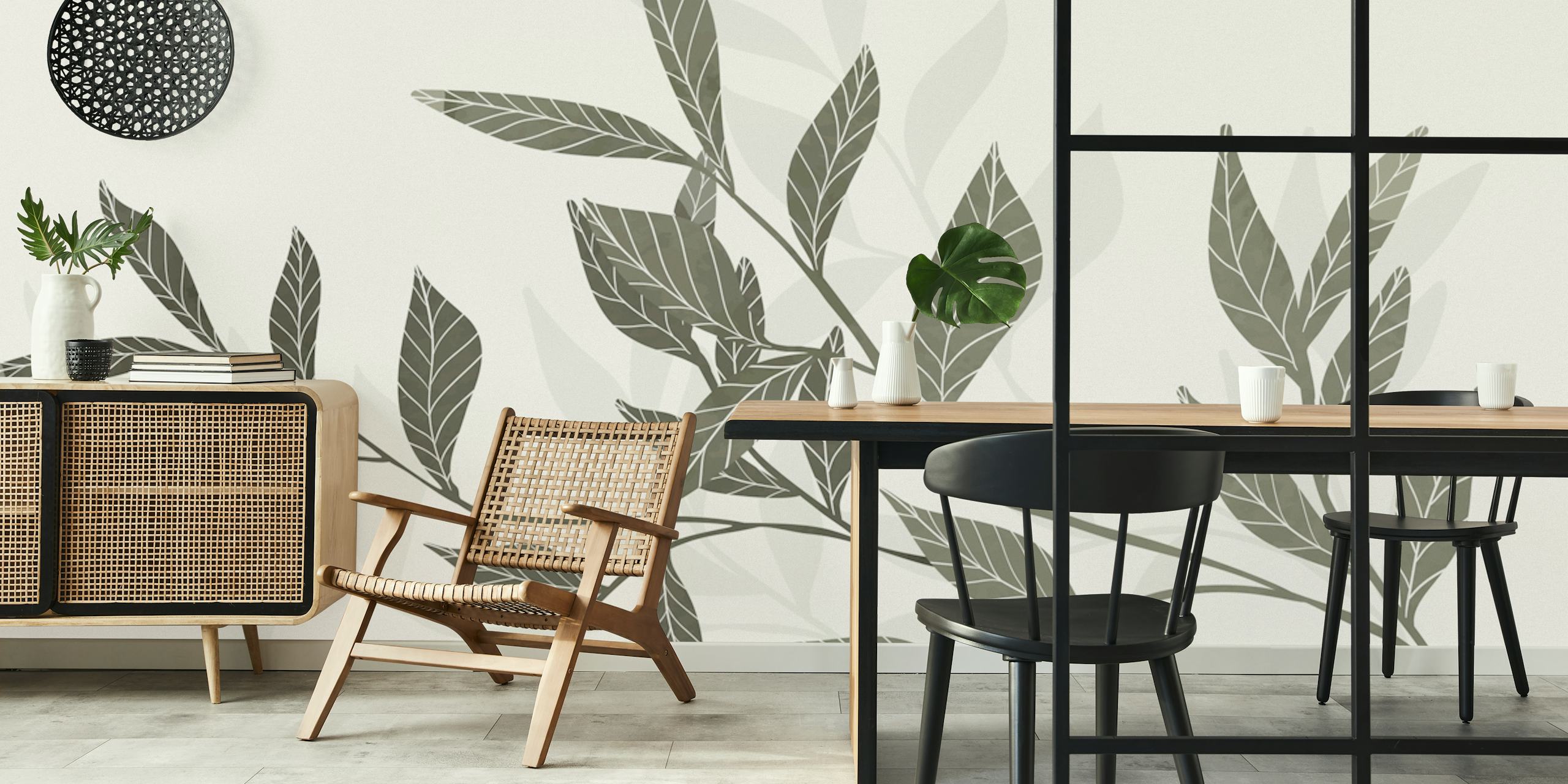 Peinture murale de style croquis représentant des plantes tropicales dans des tons subtils de vert et de gris