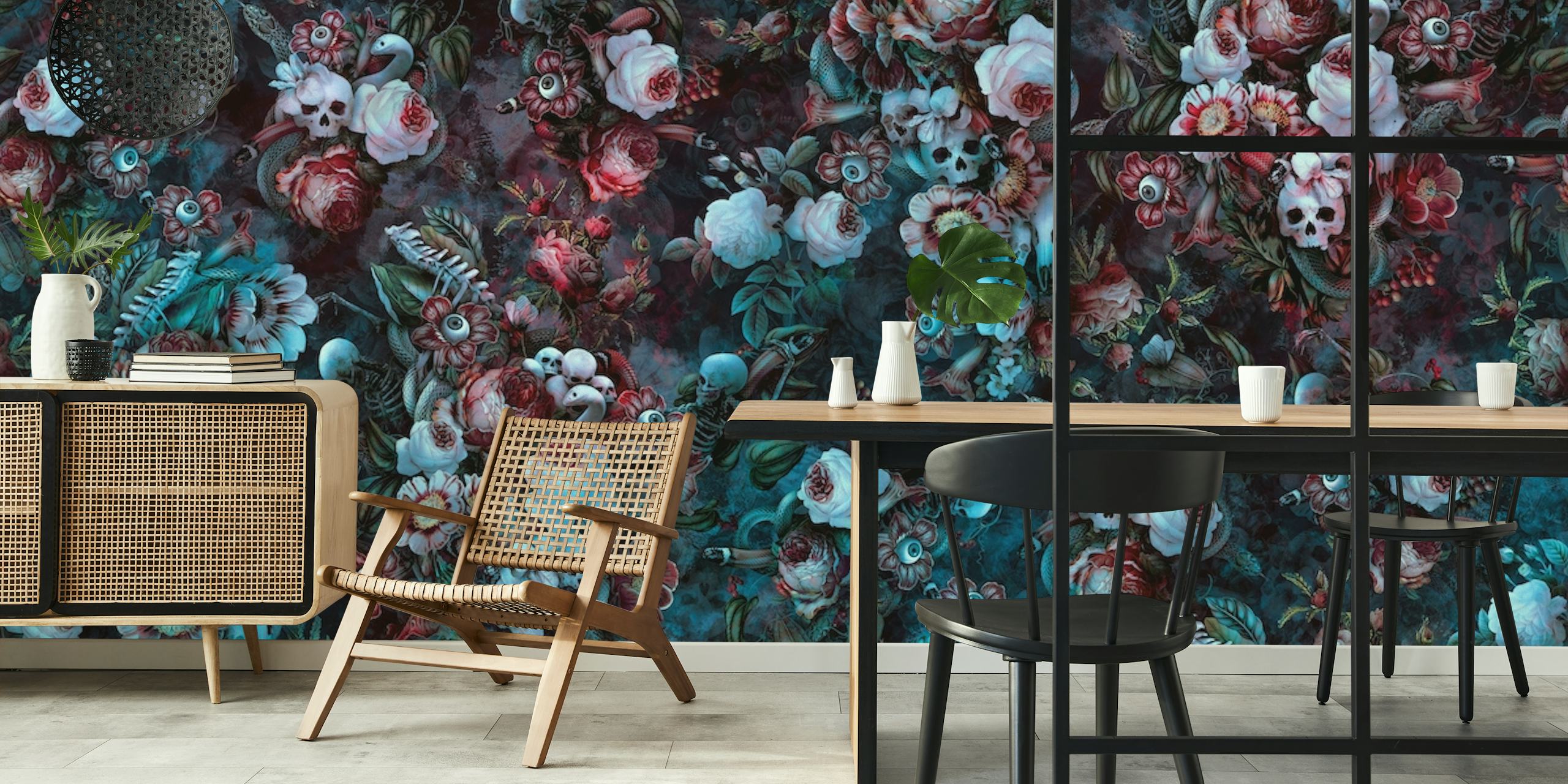 Mysterious floral pattern with watchful eyes embedded in darkness for wall mural