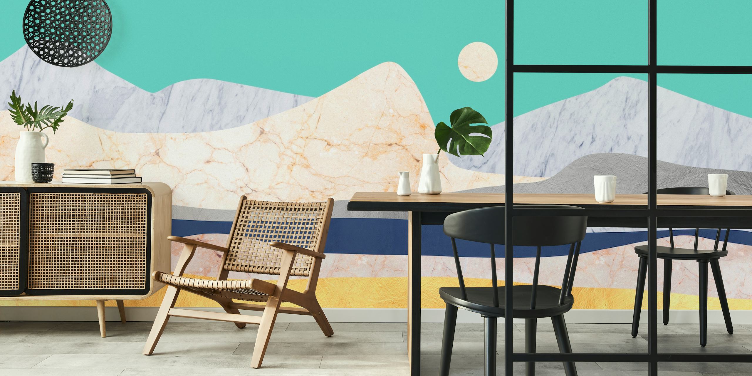 Landscape collage wallpaper in a modern room