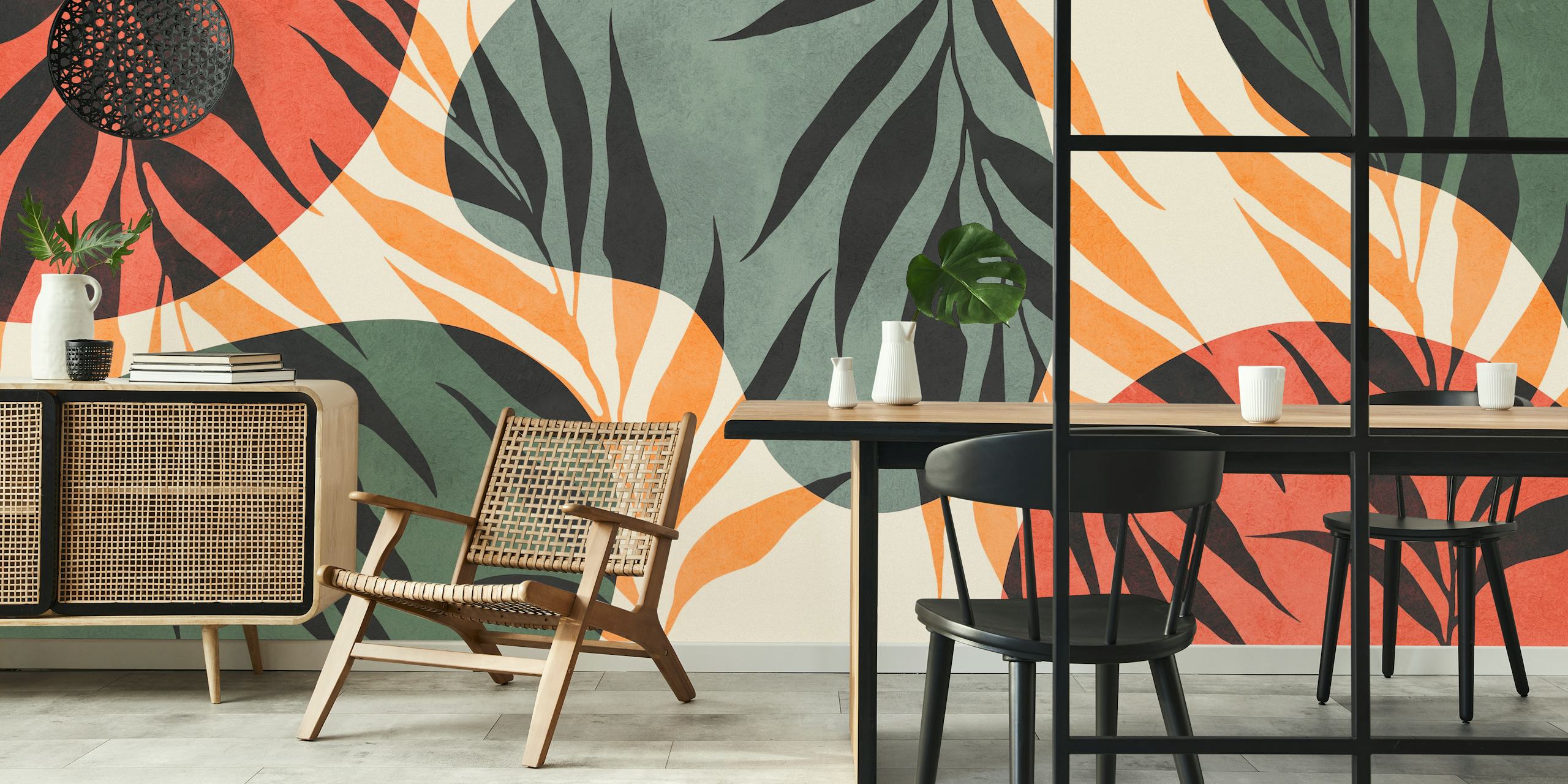 Botanical and floral wallpaper displayed in a room