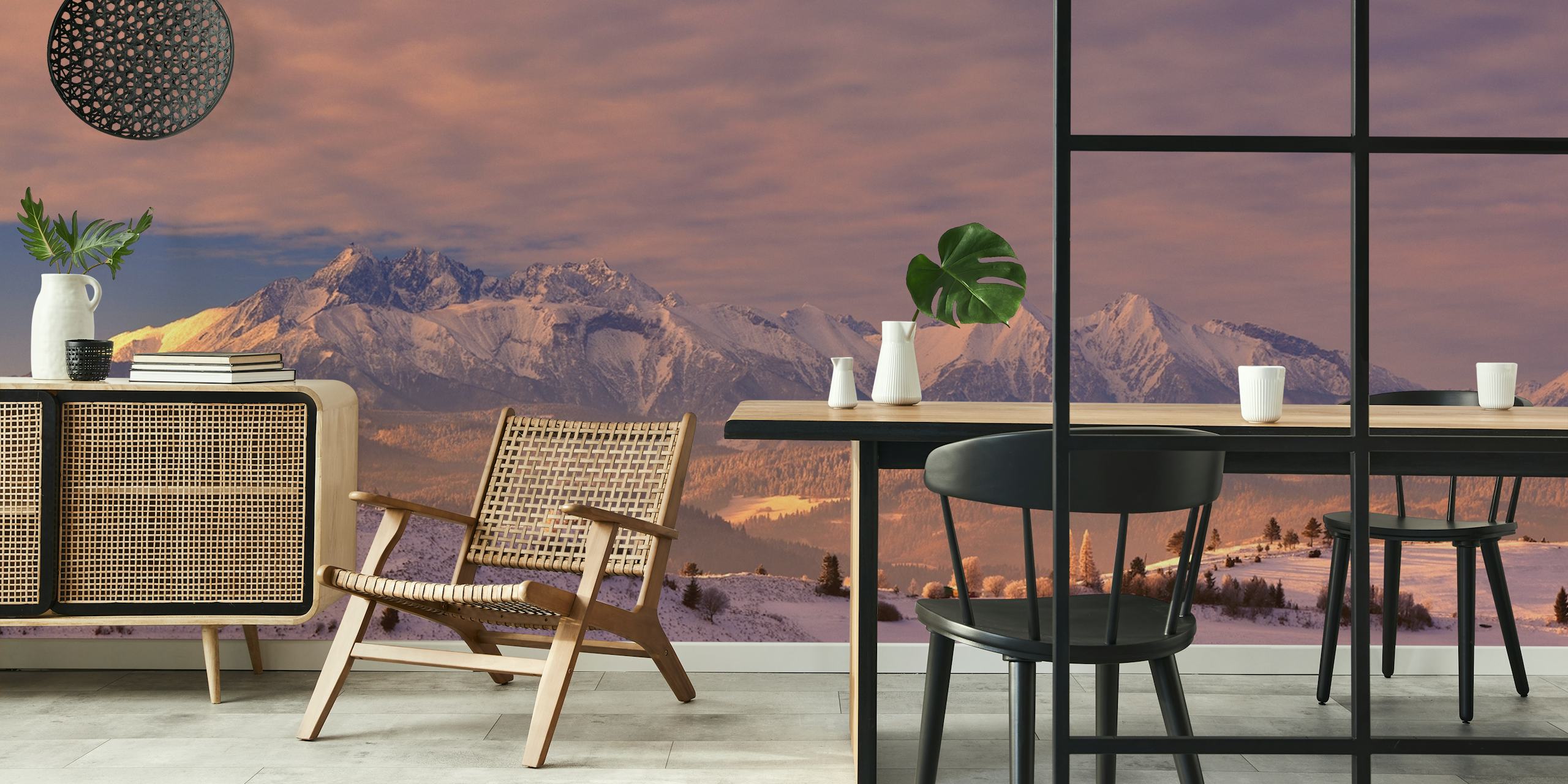Tatra Mountains wall mural with snow-capped peaks and warm sky