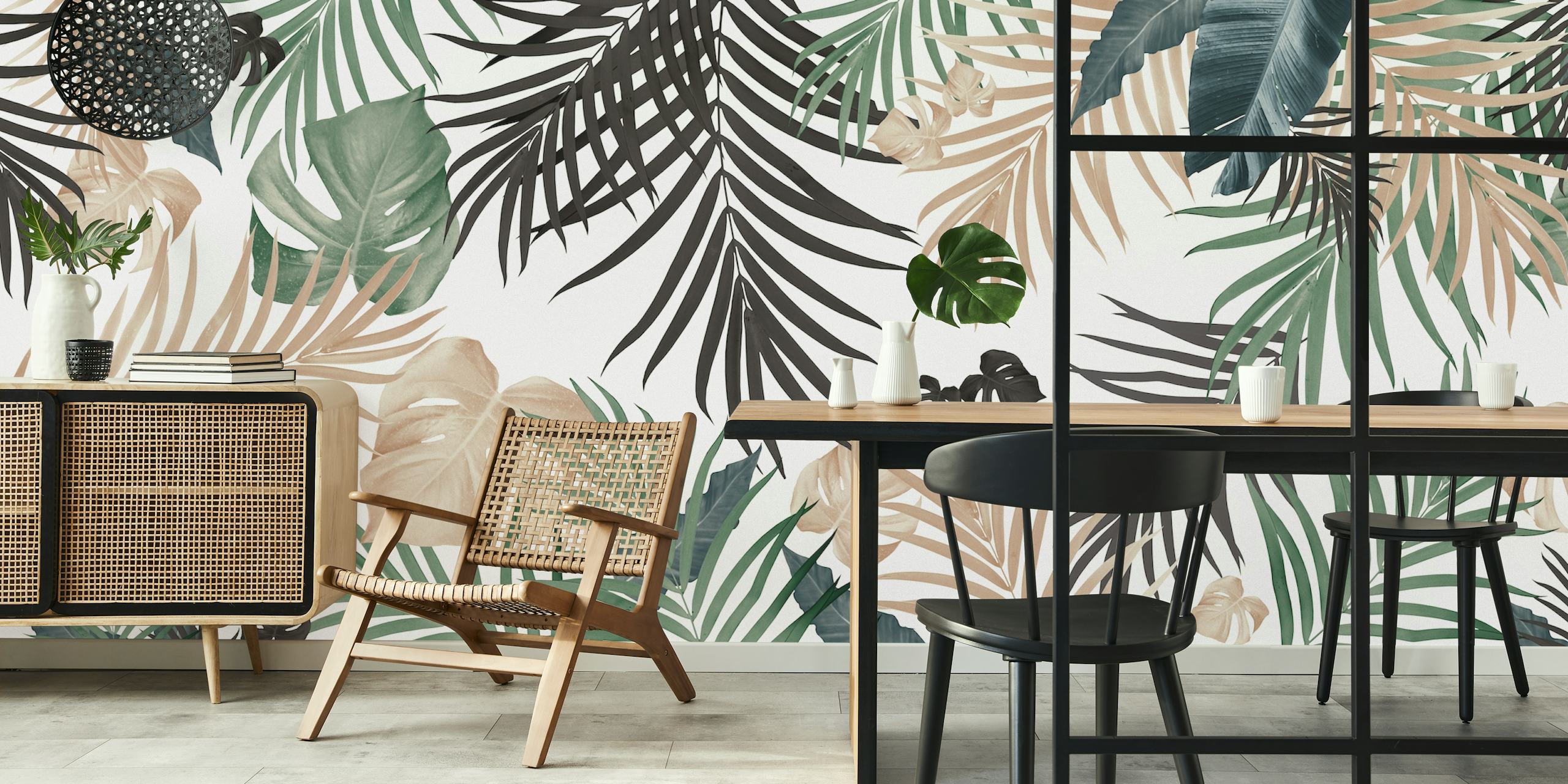 Tropical leaf patterns in green and beige tones on a light background wallpaper