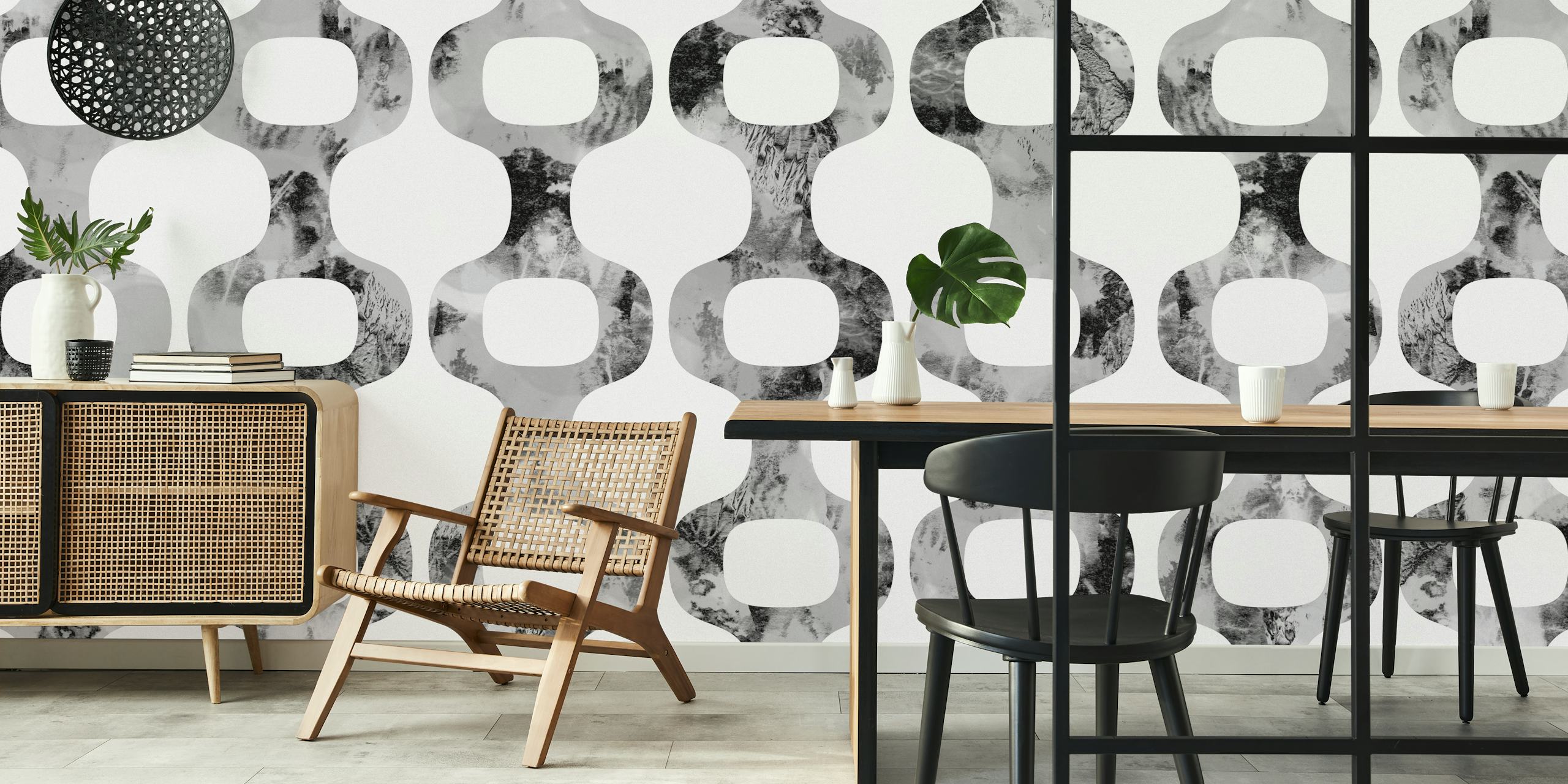 Mid-Century Urban geometric pattern wallpaper in black and white