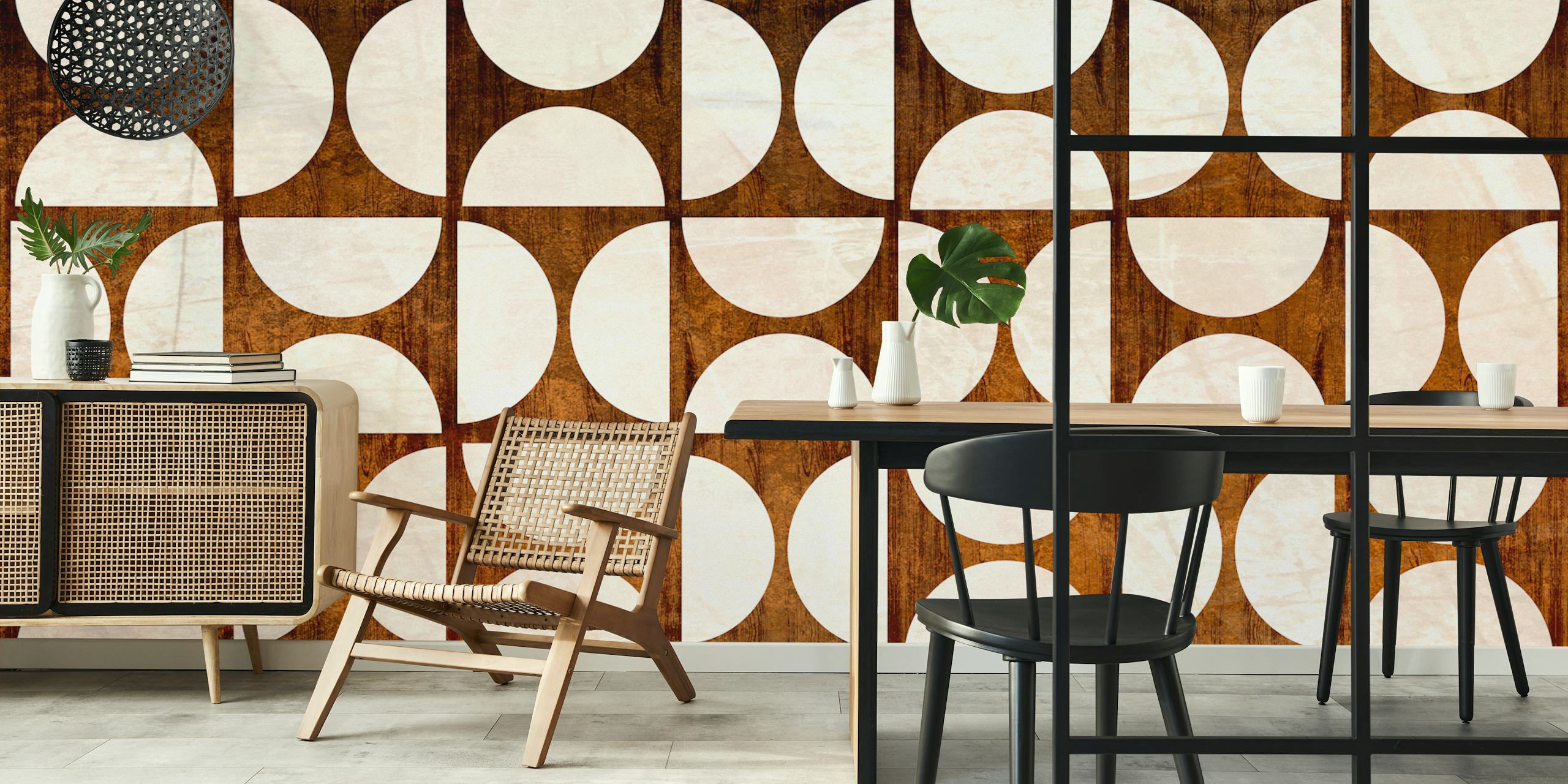 Murale murale avec bois rustique et design géométrique du milieu du siècle