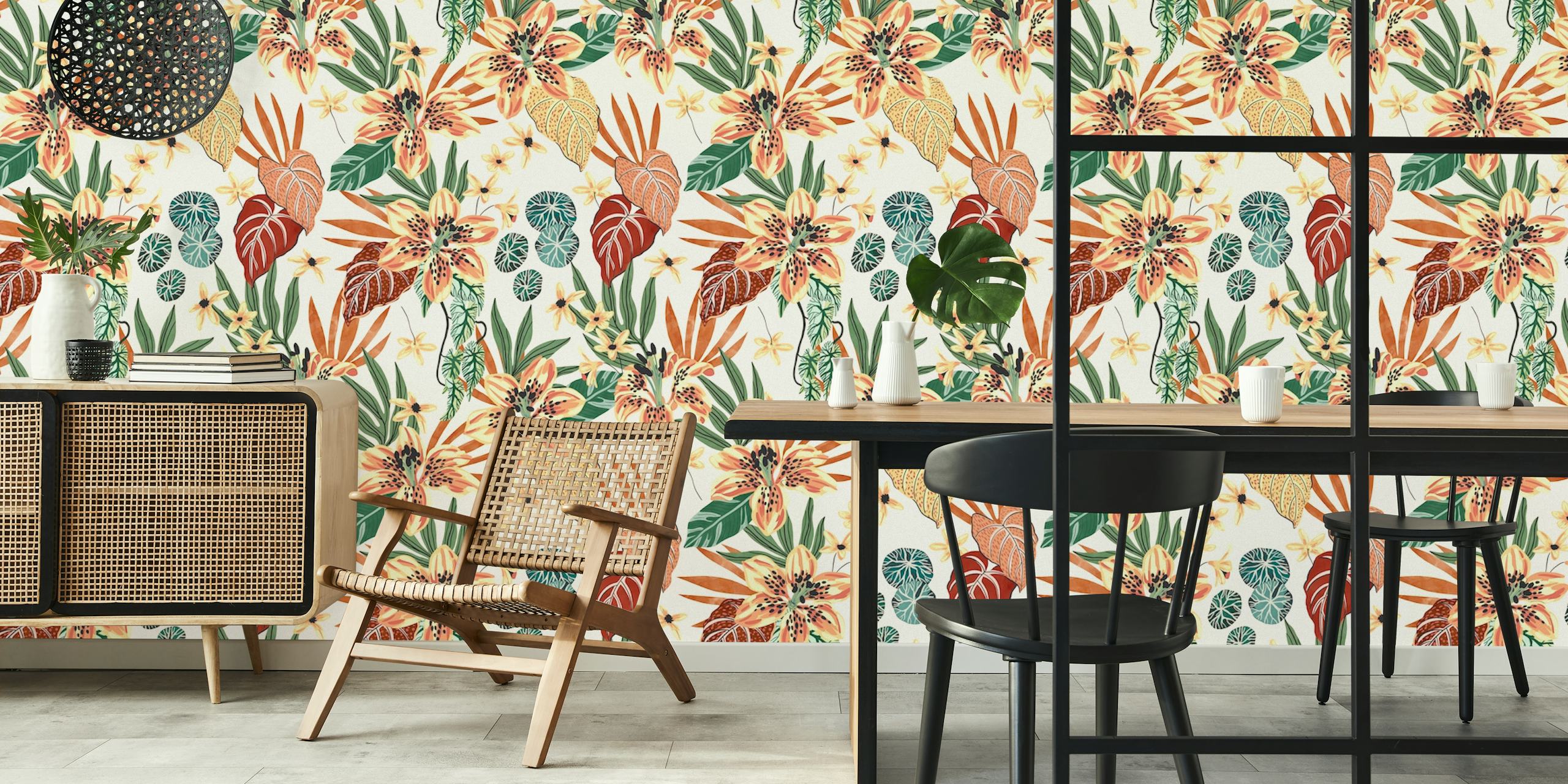 Tropical leaves and flowers in earthy tones wallpaper