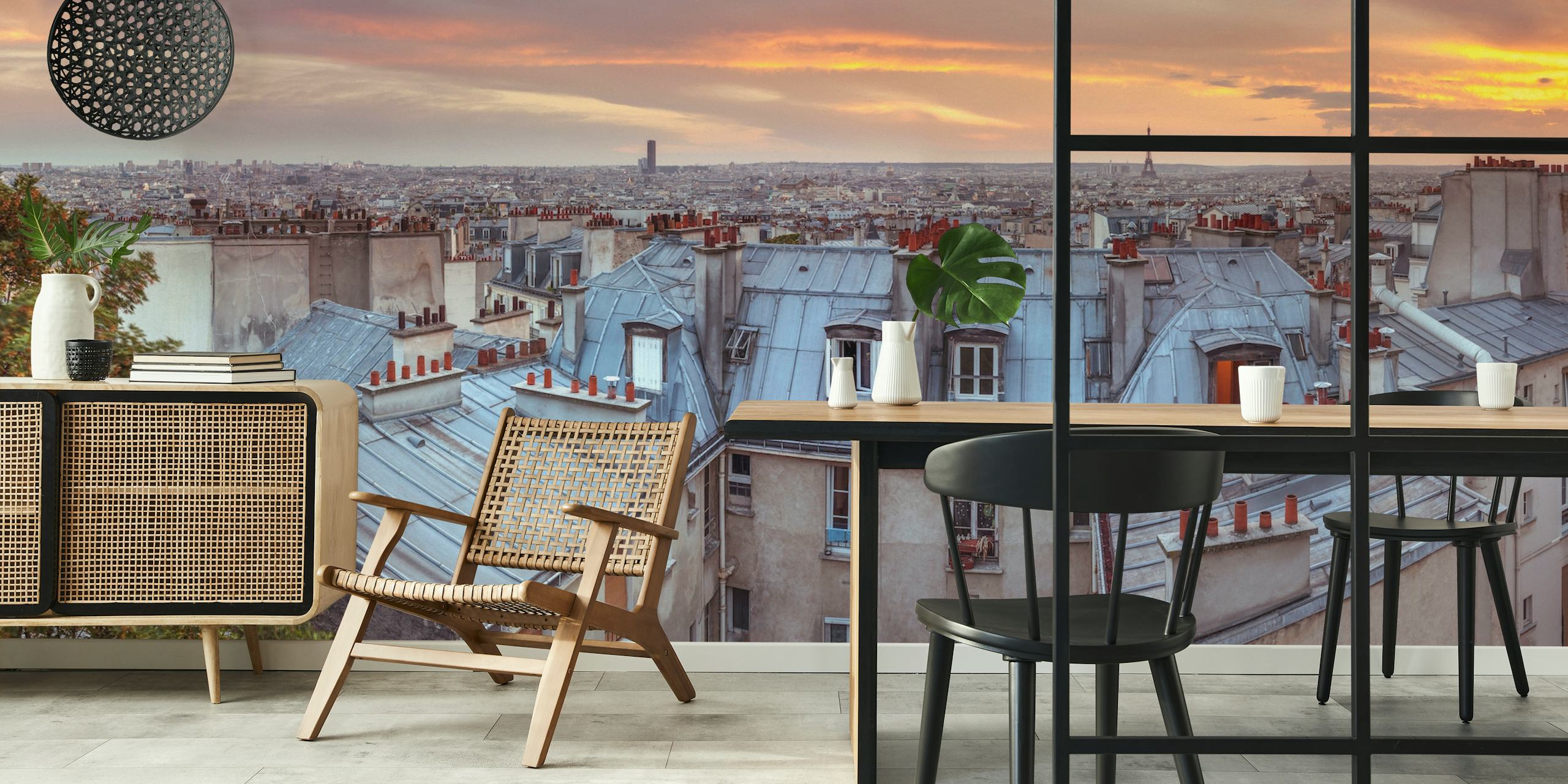 Cityscape of Paris rooftops at sunset wallpaper
