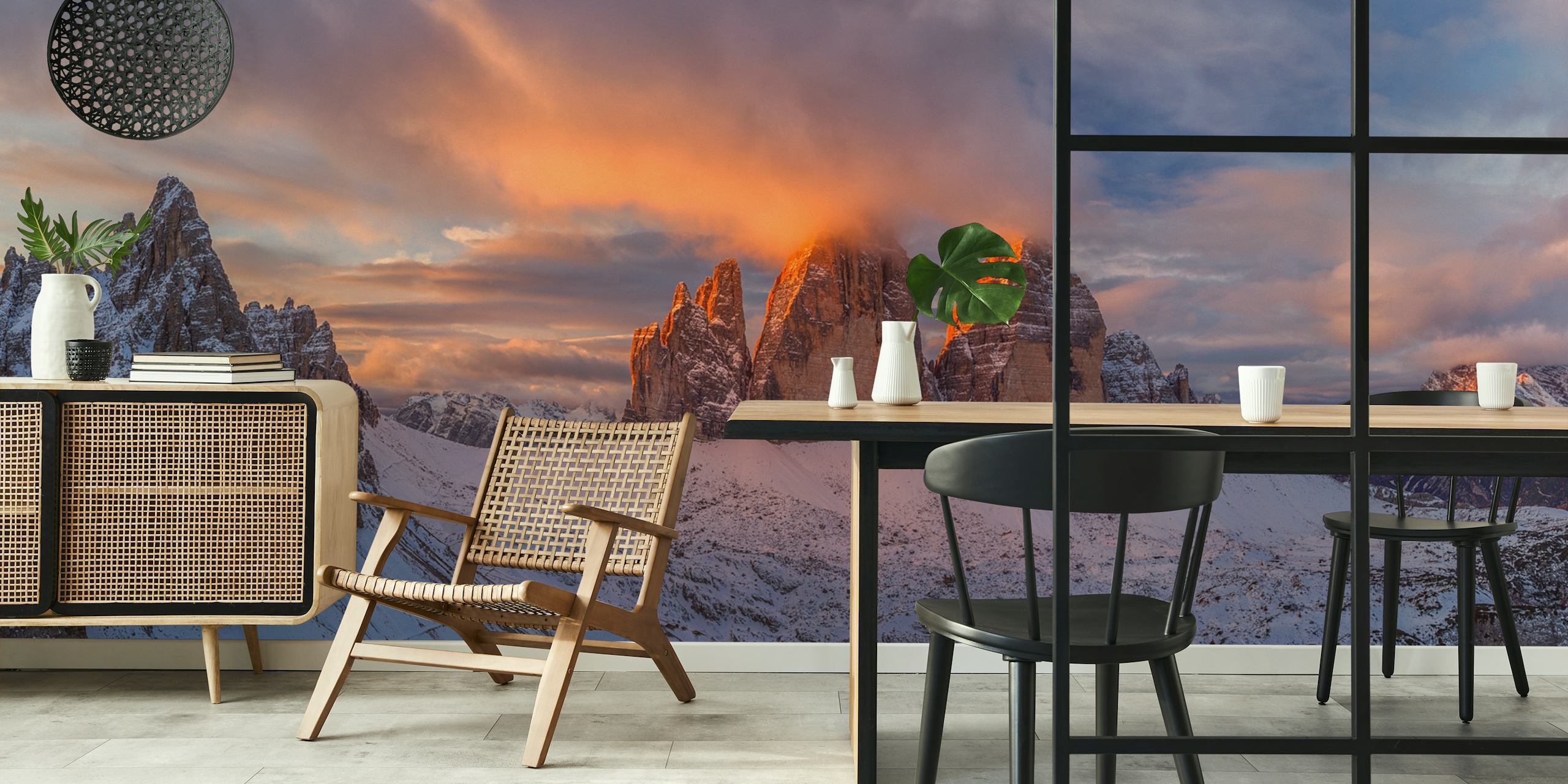 Mountain landscape with sunset hues and snowy peaks wallpaper