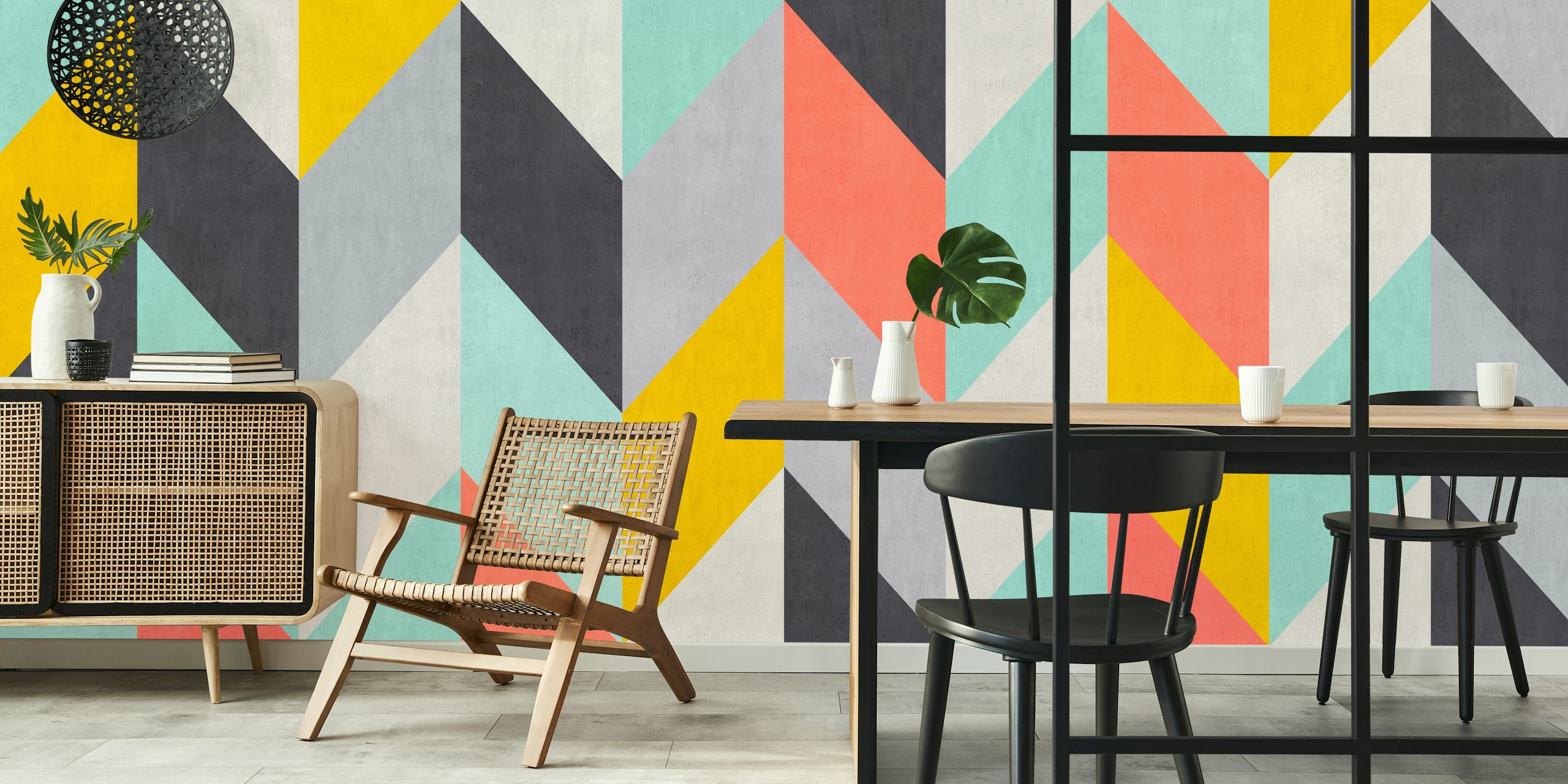 Colorful geometric pattern with yellow, pink, and teal shapes wallpaper