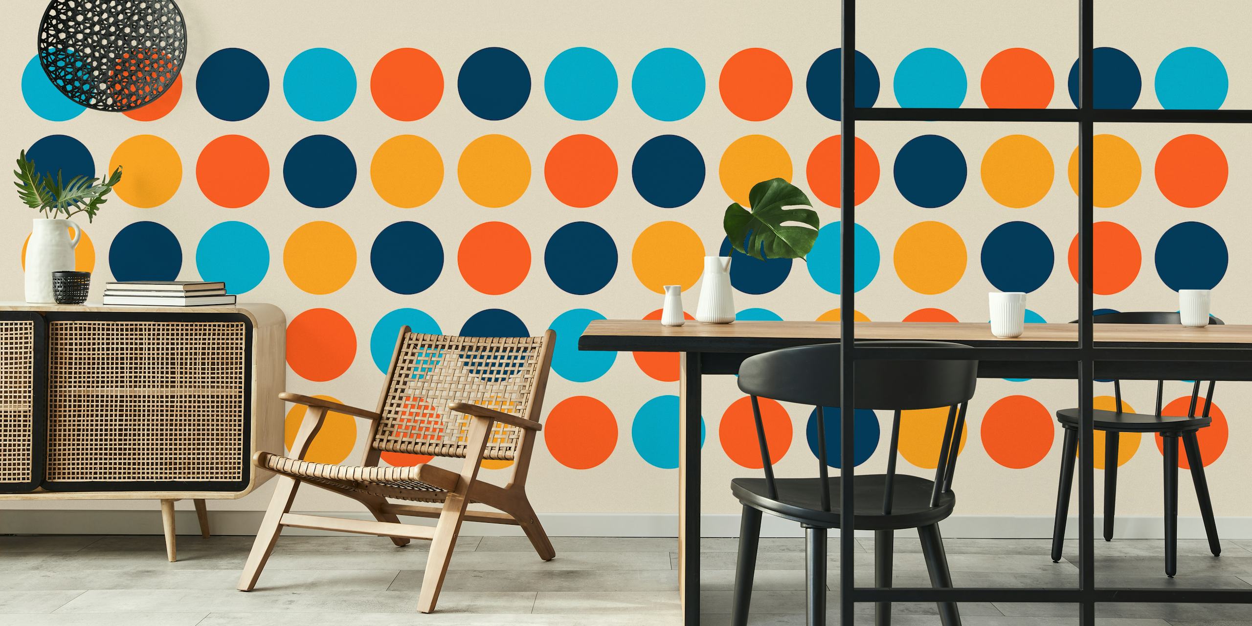Fototapeta s geometrickým vzorem kruhu v modré a oranžové barvě