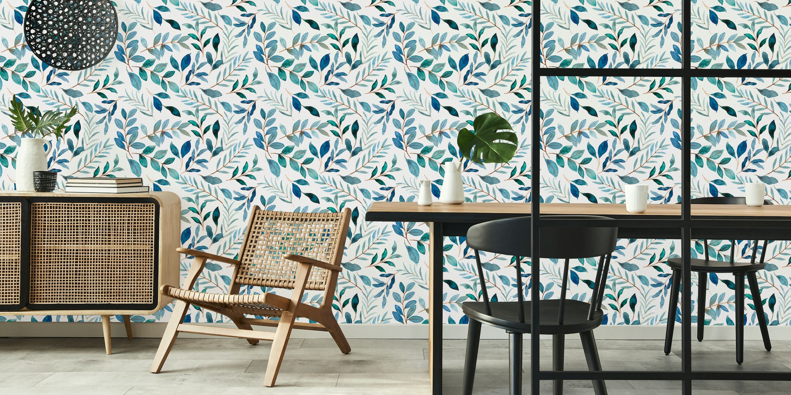 Botanical leaf pattern in blue and green on white wallpaper