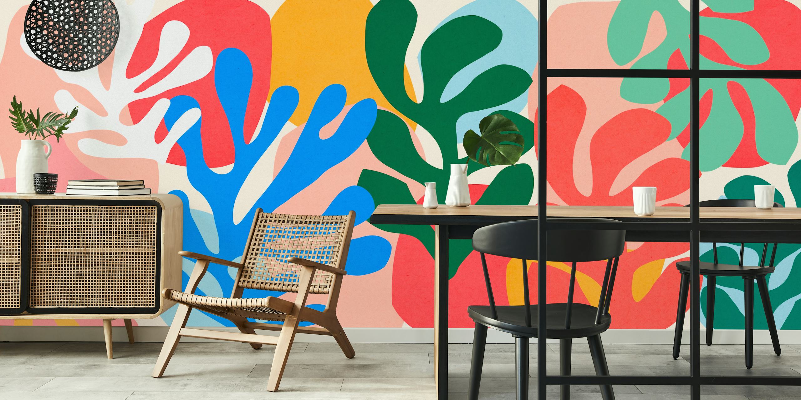 Abstract botanical wall mural with vibrant Matisse-inspired cut-out design