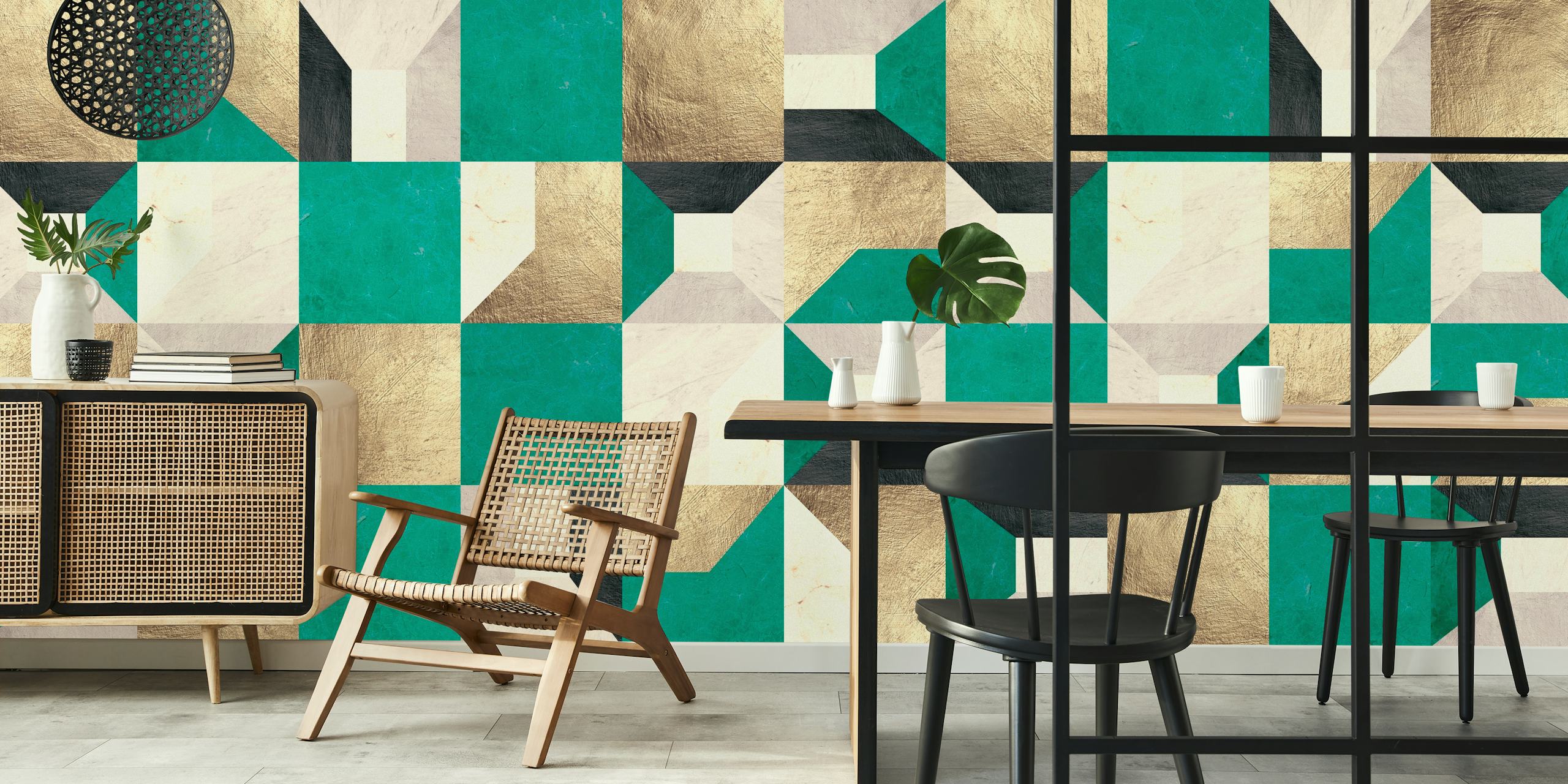 Gold and green geometric square pattern wall mural