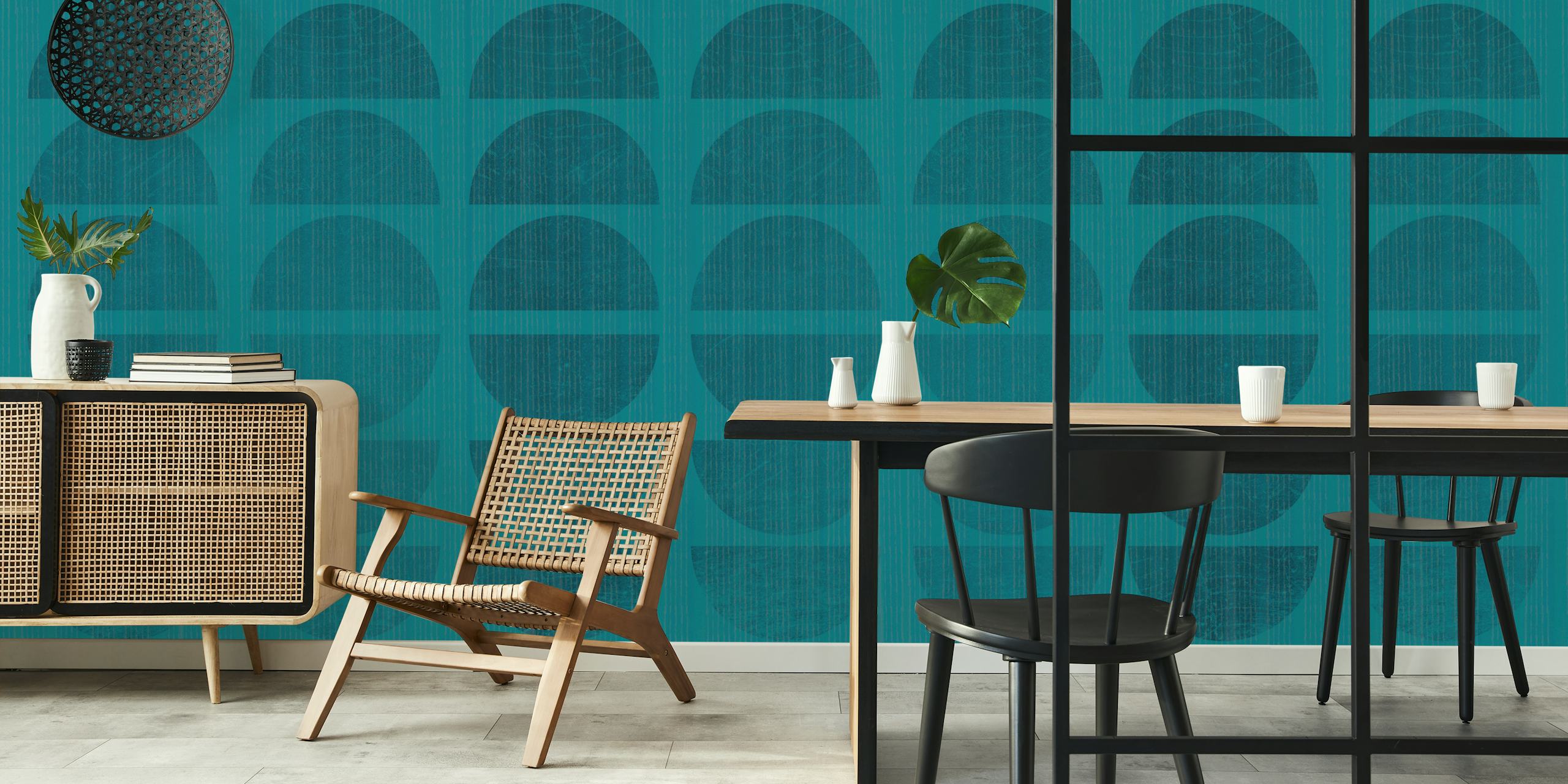 Geometric teal wallpaper with half-circle patterns, Bauhaus style design