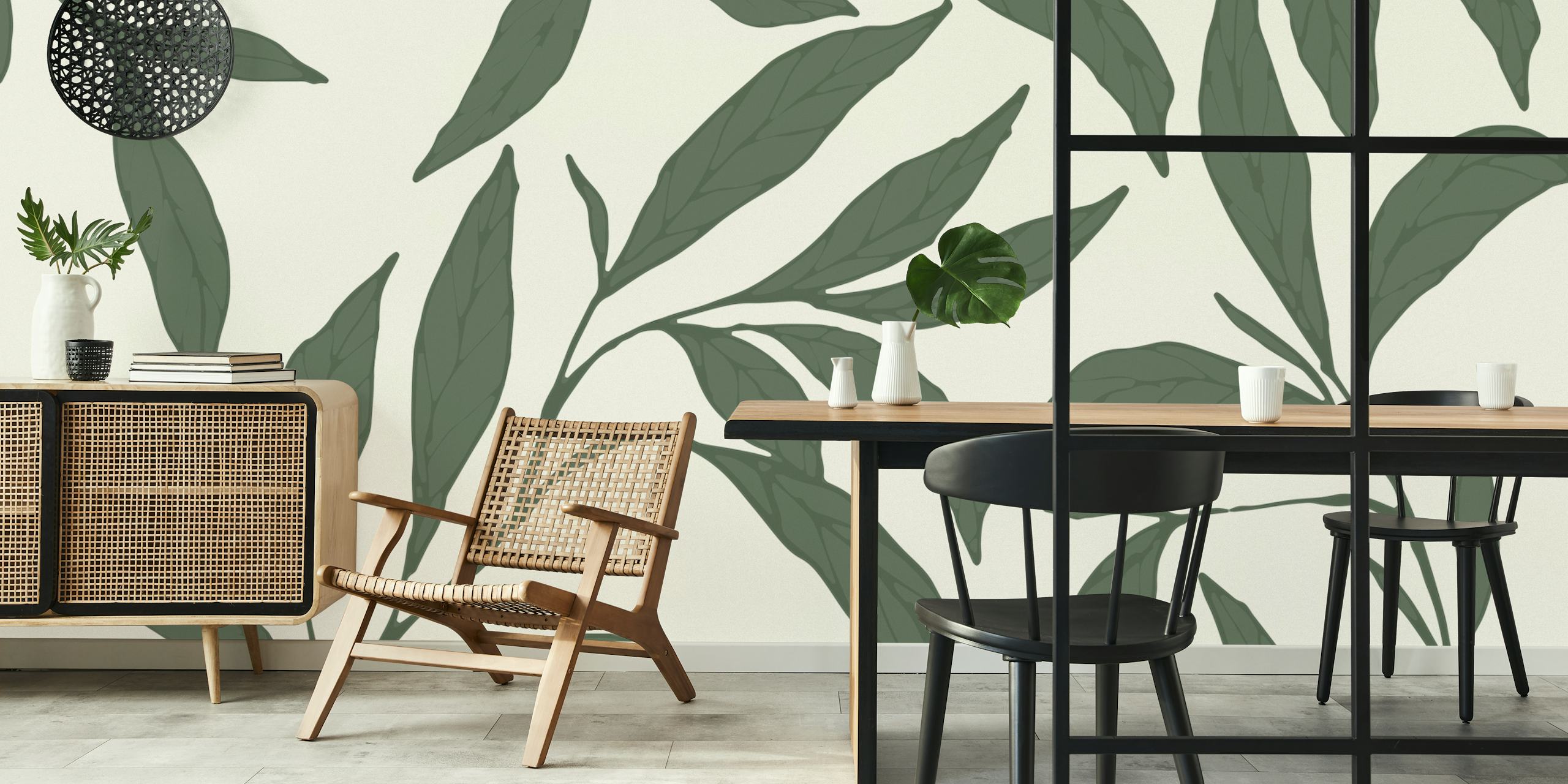 Botanical leaves pattern in green on beige background wallpaper