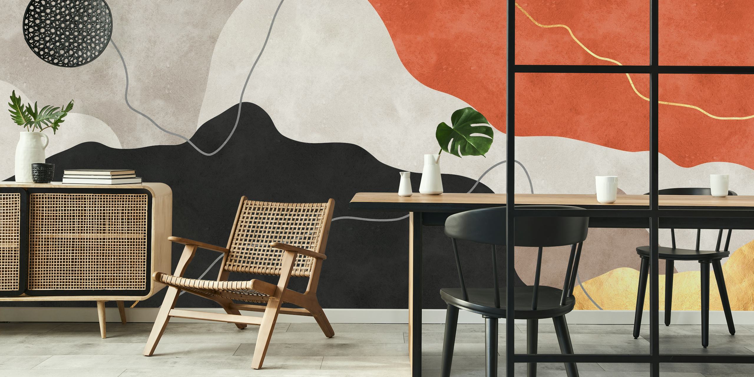 Abstract shapes in warm tones with gold lines wallpaper