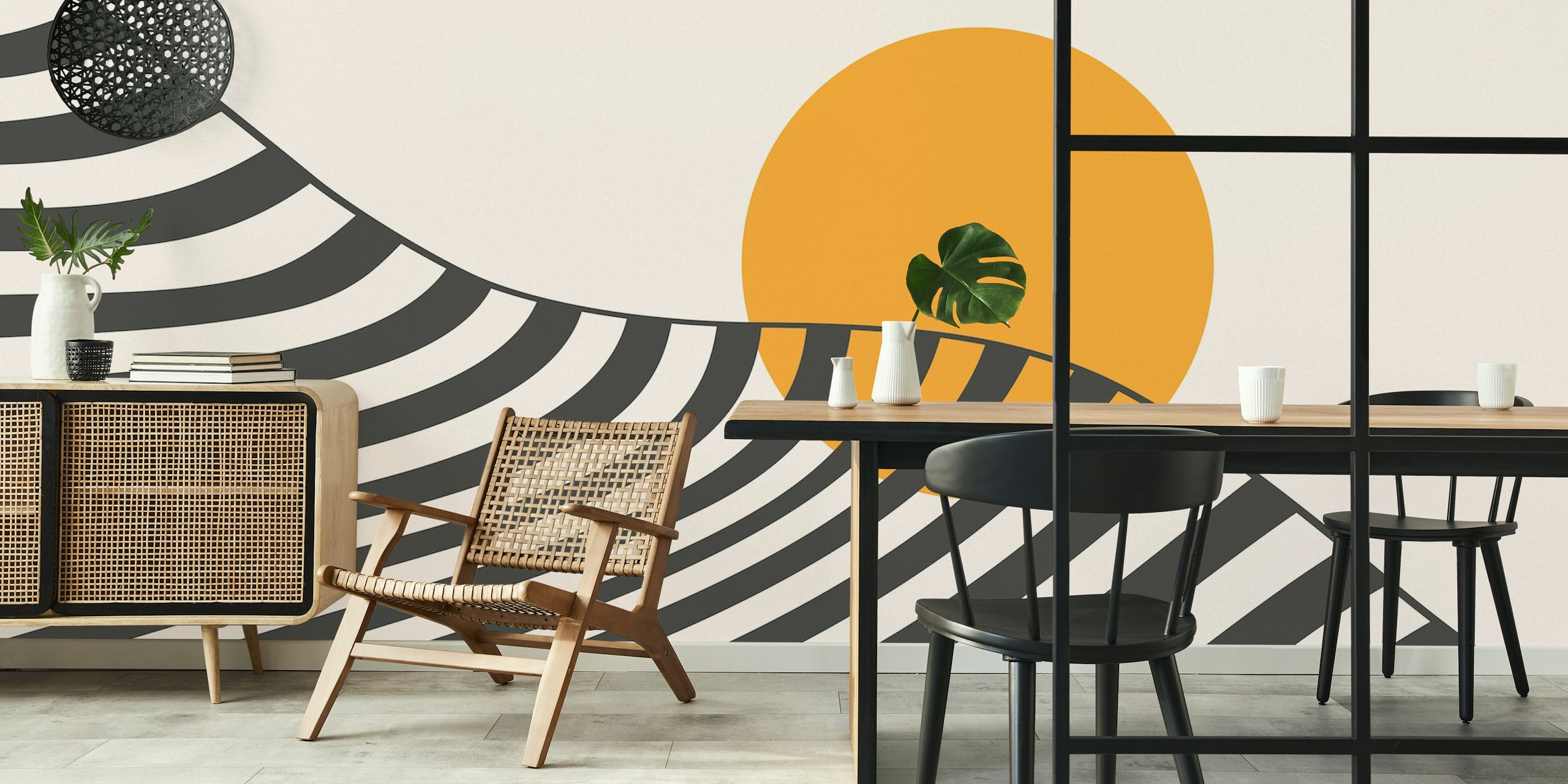 Wallpaper featuring sun and wave line design