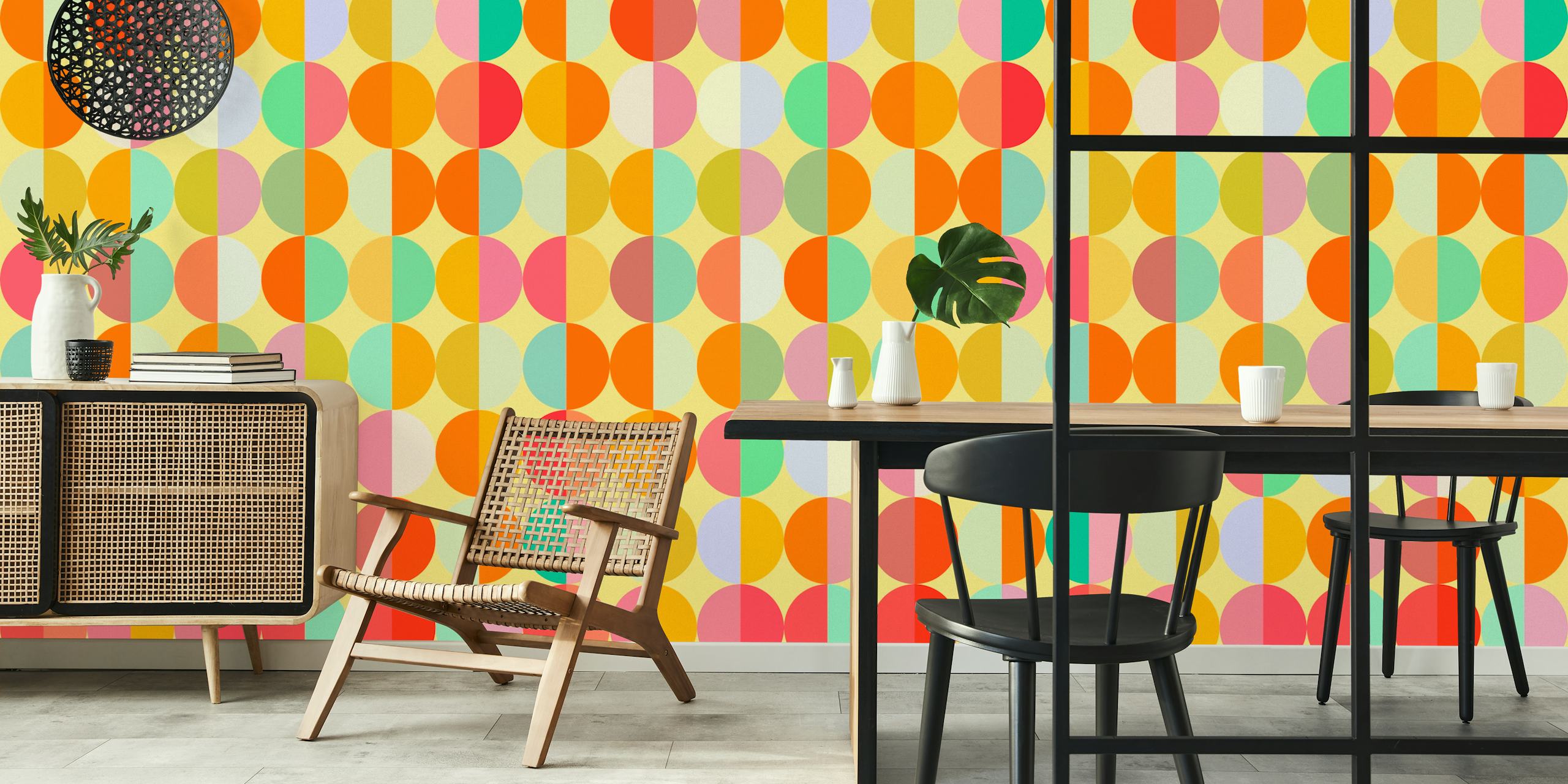 Colorful geometric circles in pink, orange, yellow, and teal wallpaper