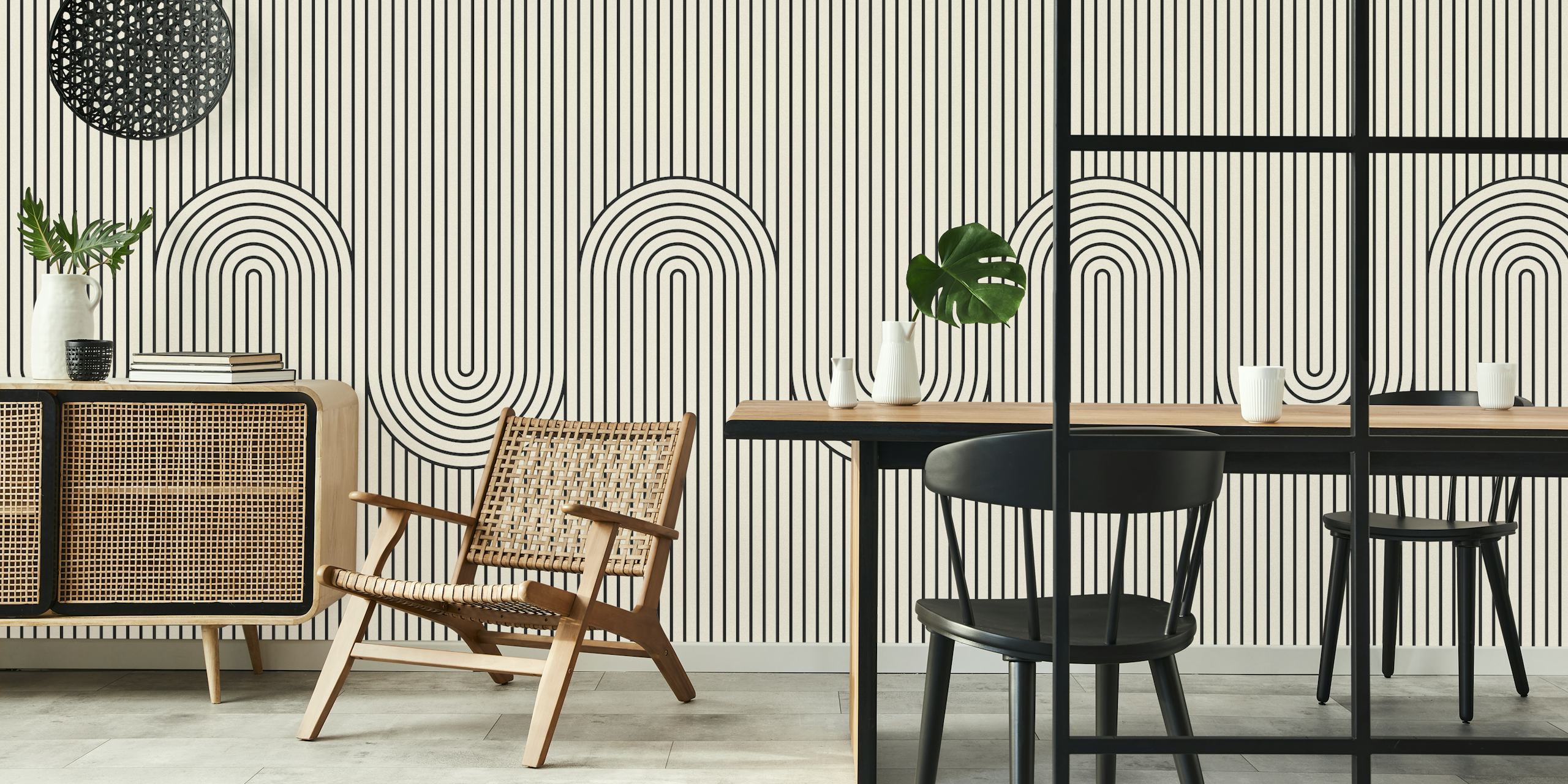 Geometric lines and curves in black and white wallpaper