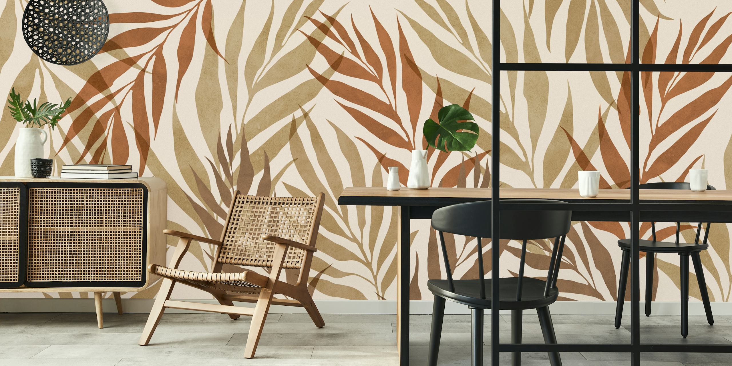 Earthy toned floral motif wallpaper with large leaves in muted colors.