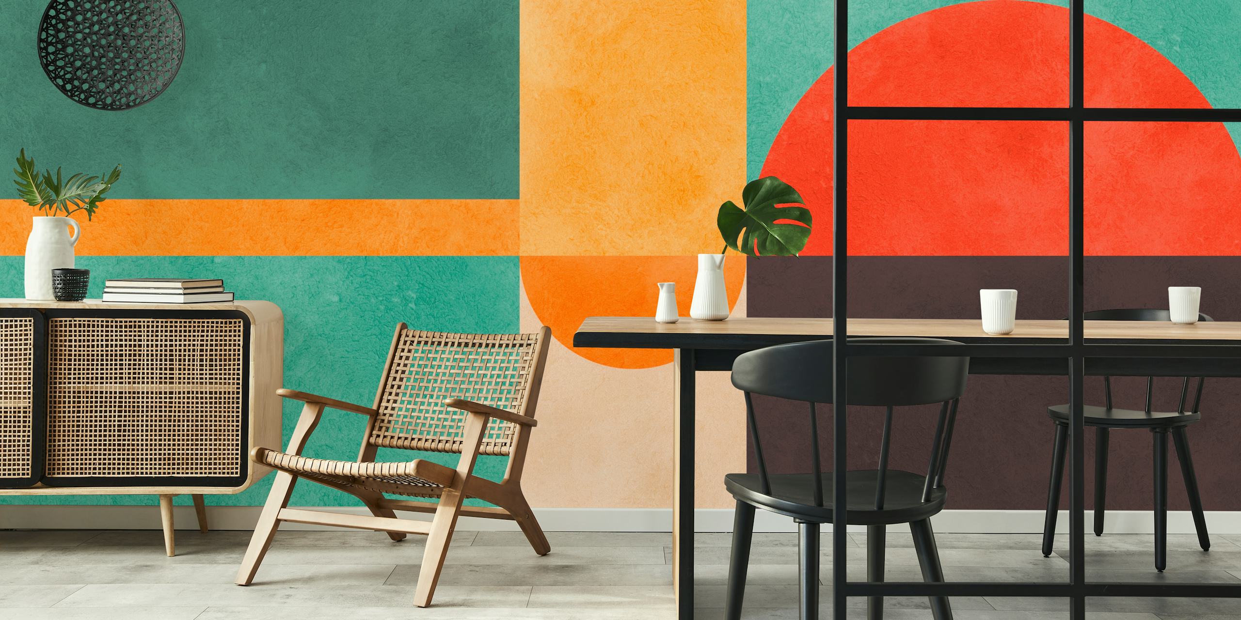 Geometric color block design in green, orange, beige, and red wallpaper