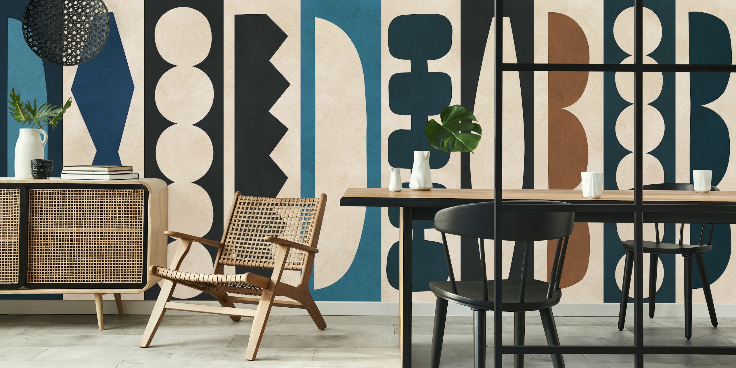 Tribal pattern wallpaper with navy, cream and brown geometric shapes