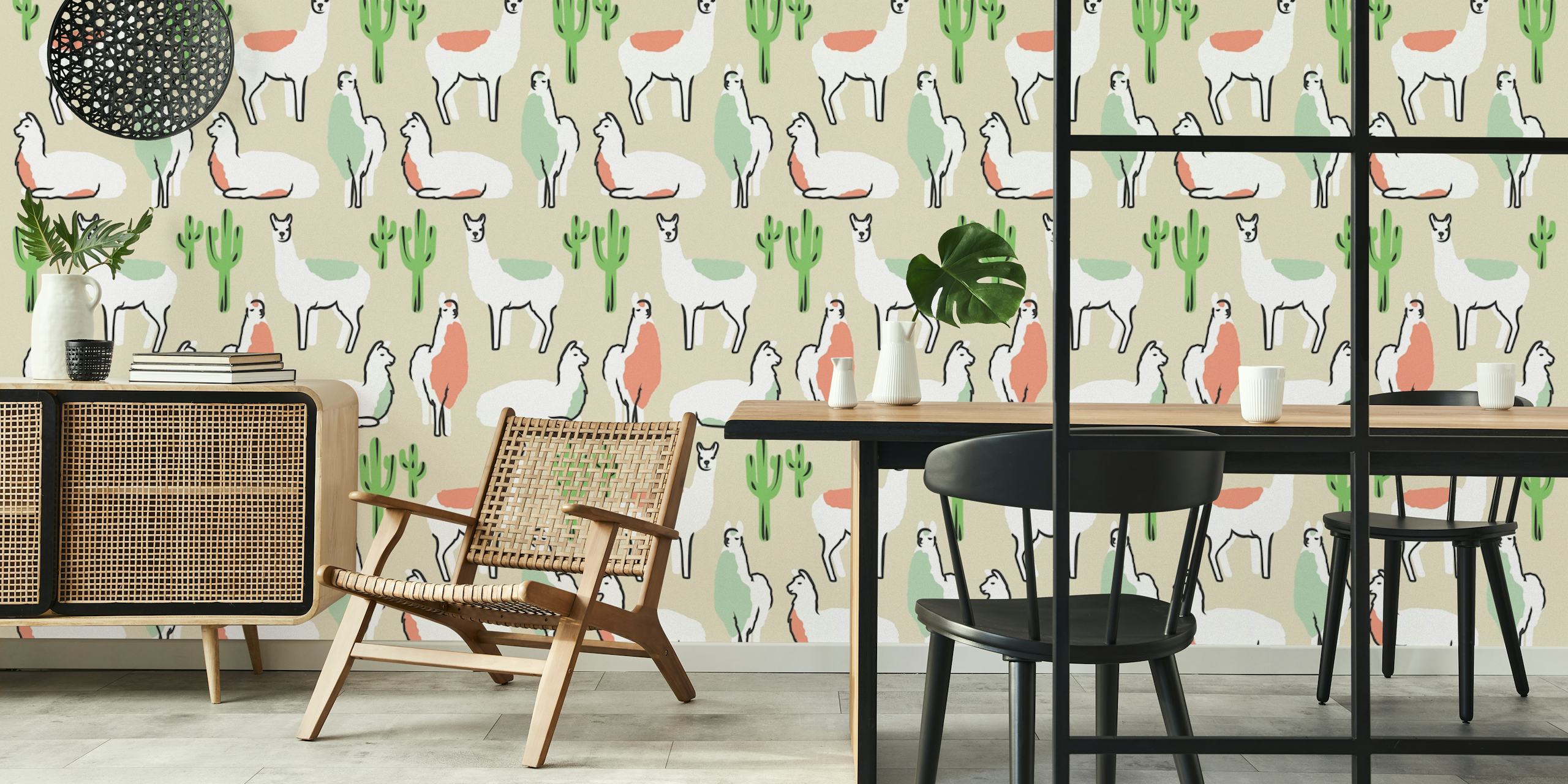 Happy Llama Pattern -tapetti huoneessa