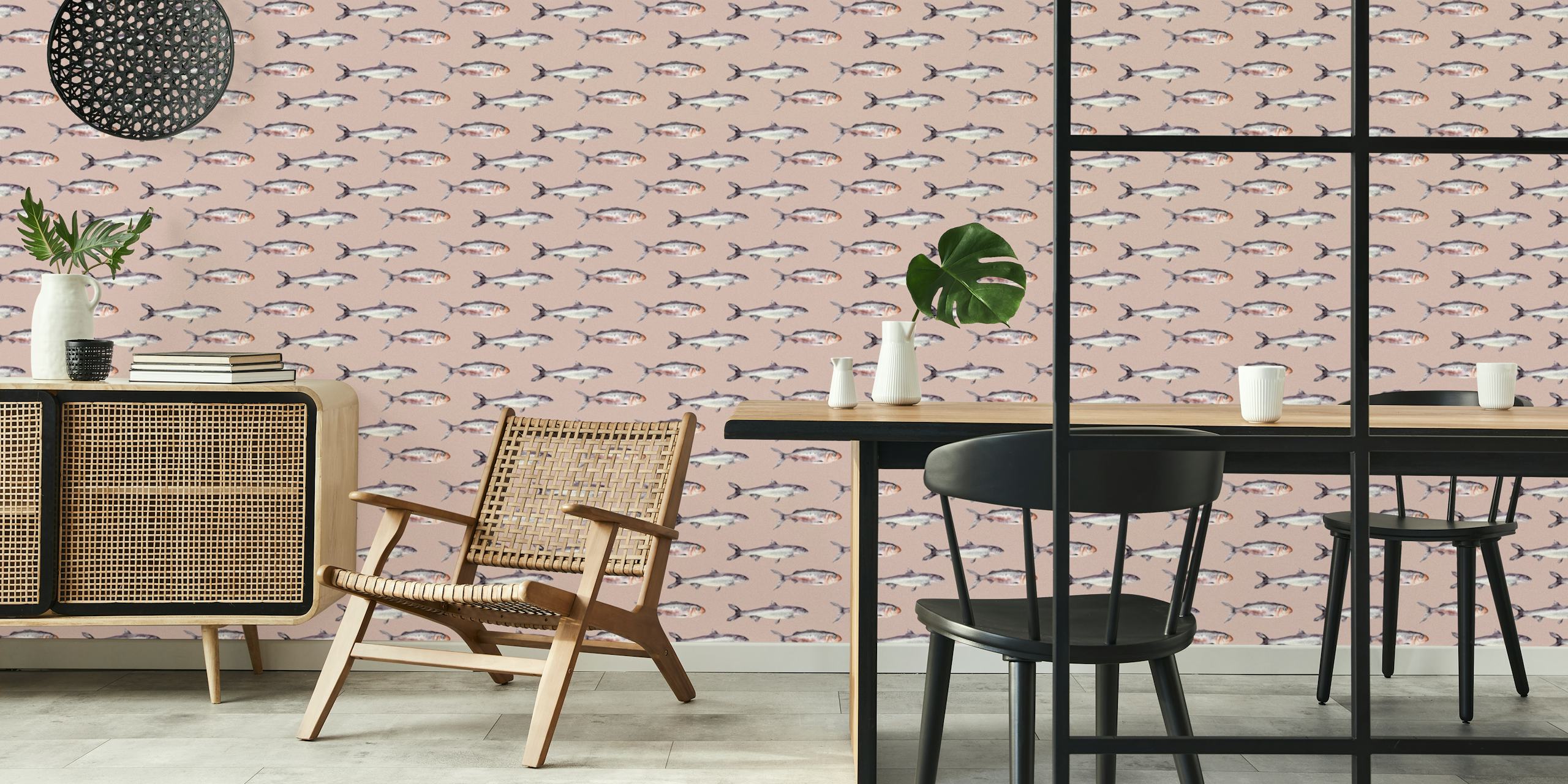 Projekt tapety Fish Ocean Pink w pokoju