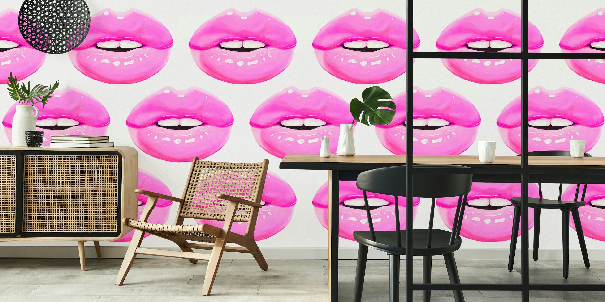 Design de papel de parede Pink lips em um quarto
