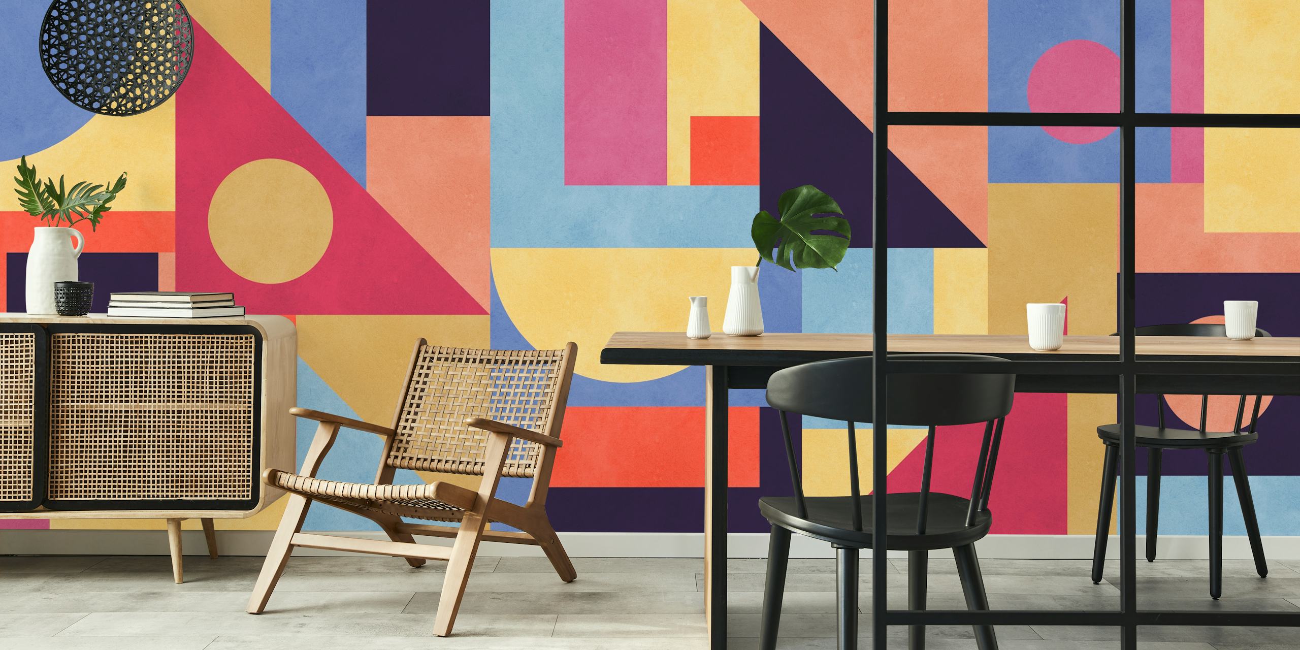 Colorful geometric shapes wallpaper in a room