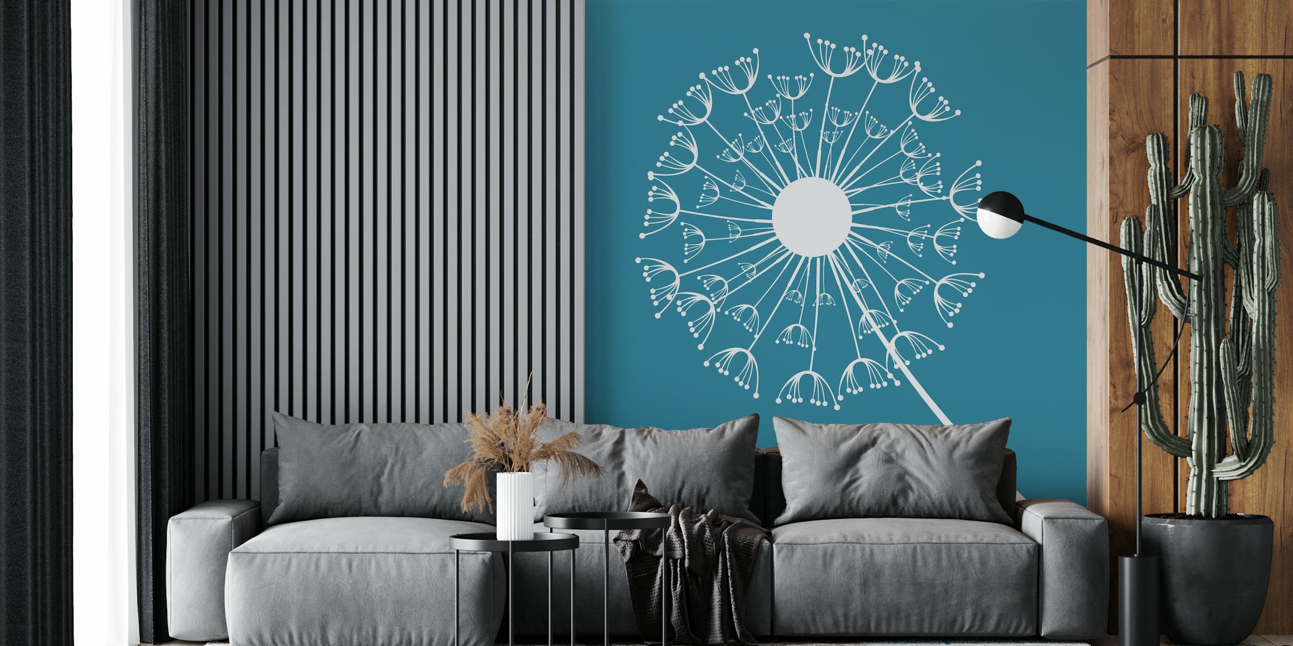 Stylized dandelion in seed silhouette on a dark green blue background wall mural