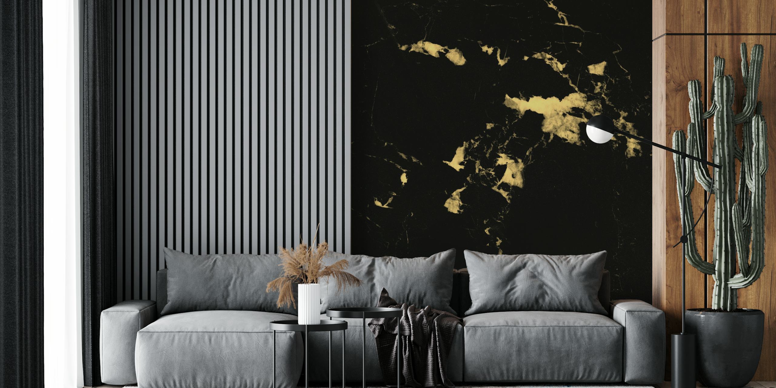 Carta da parati Black Marble 5 con venature bianche e dorate