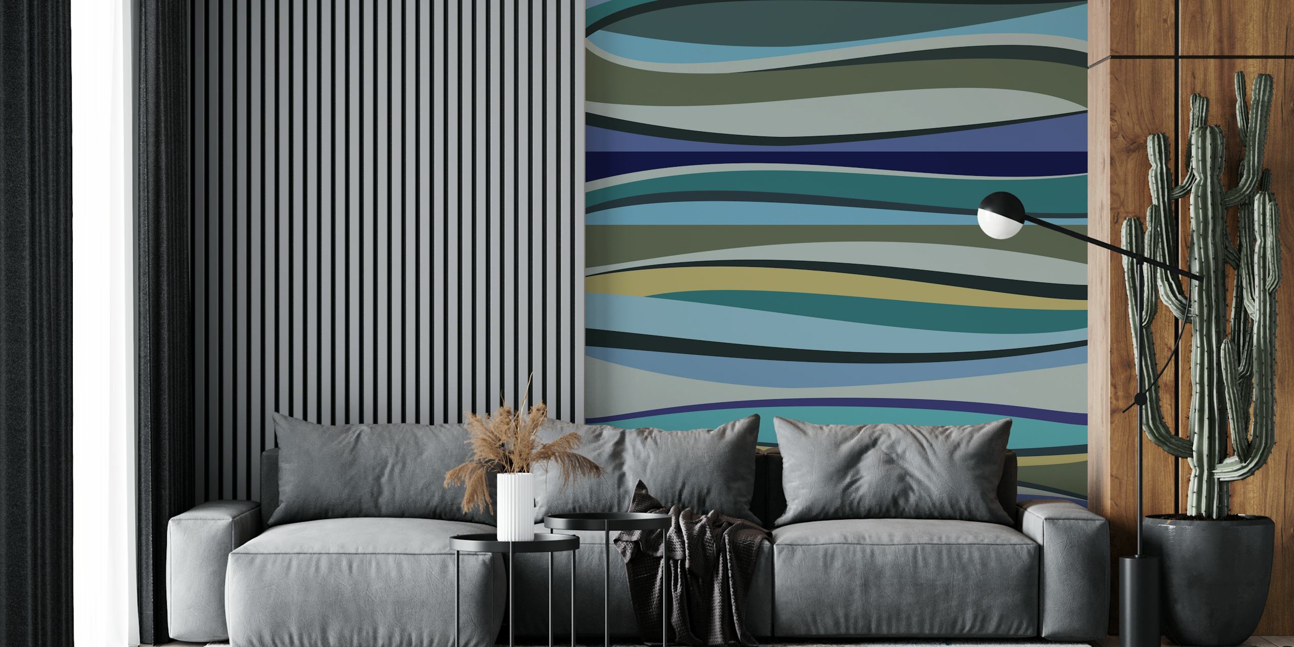 Abstract fluid lines wall mural in varying shades of blue and green resembling peaceful water ripples