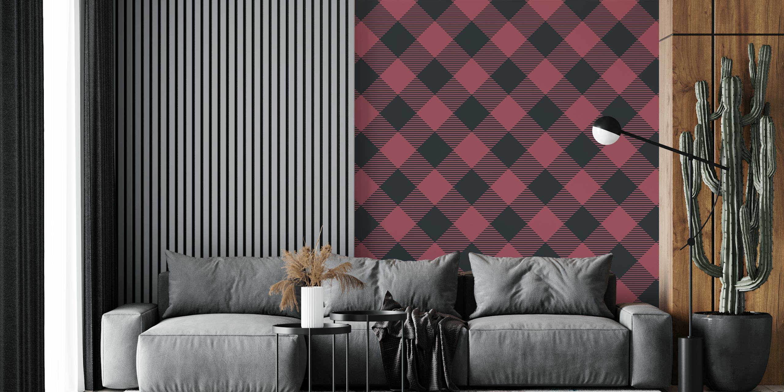 Vinho tinto escuro e papel de parede gingham preto em um quarto