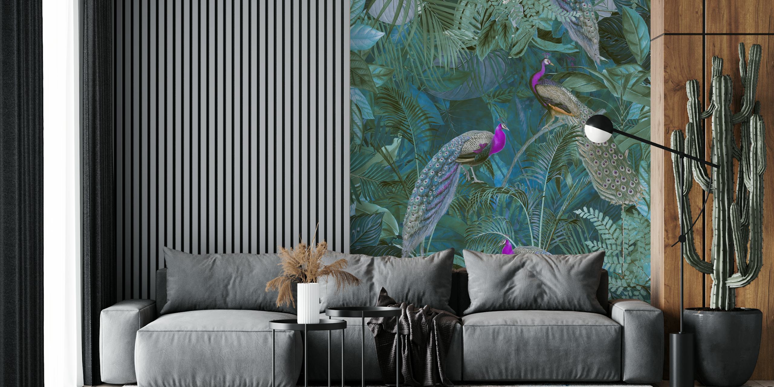 Tropical peacock wallpaper featuring lush green leaves and vibrant peacocks
