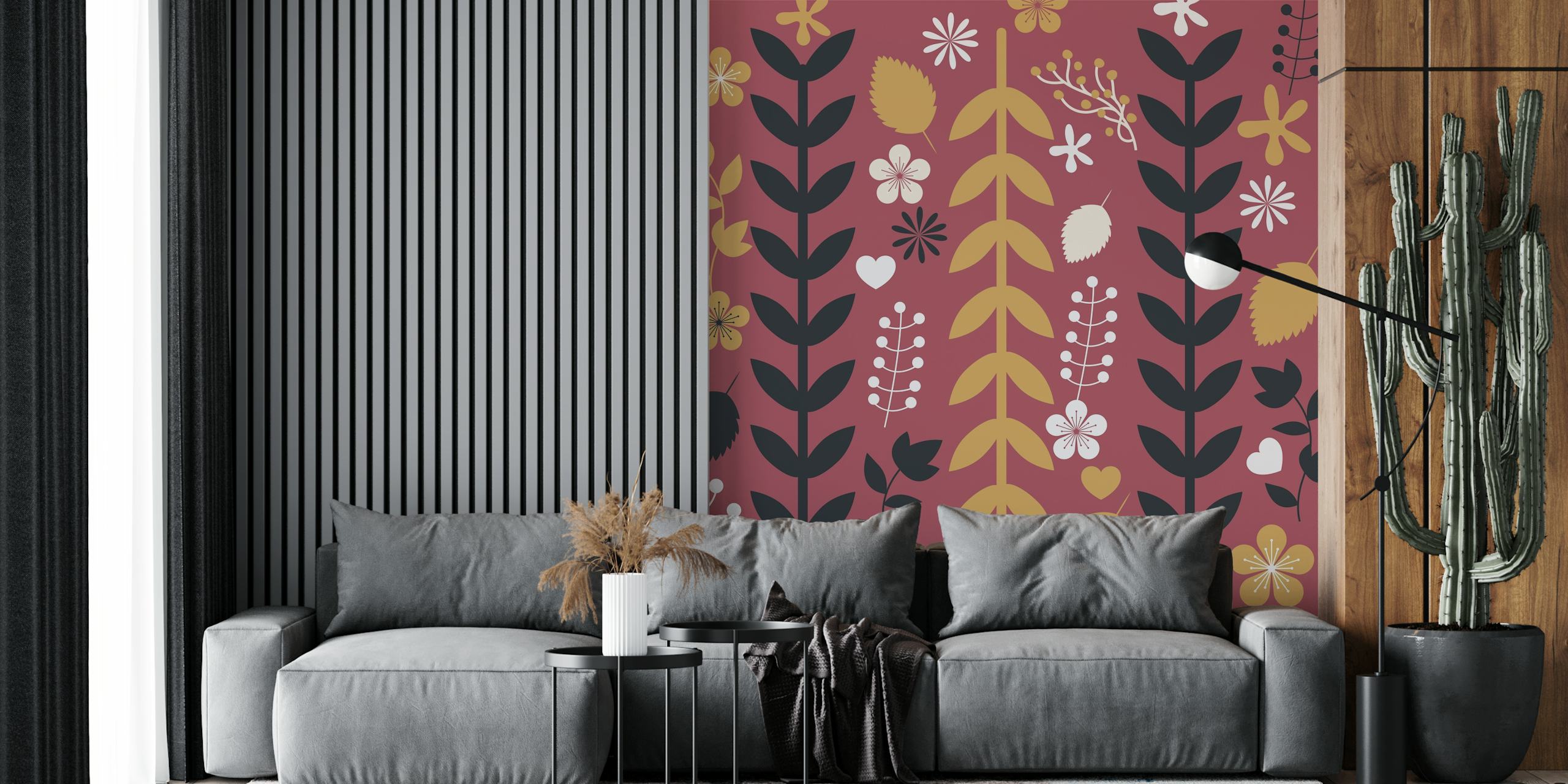 Abstract botanical patterned wall mural in wine, mustard, and black colors