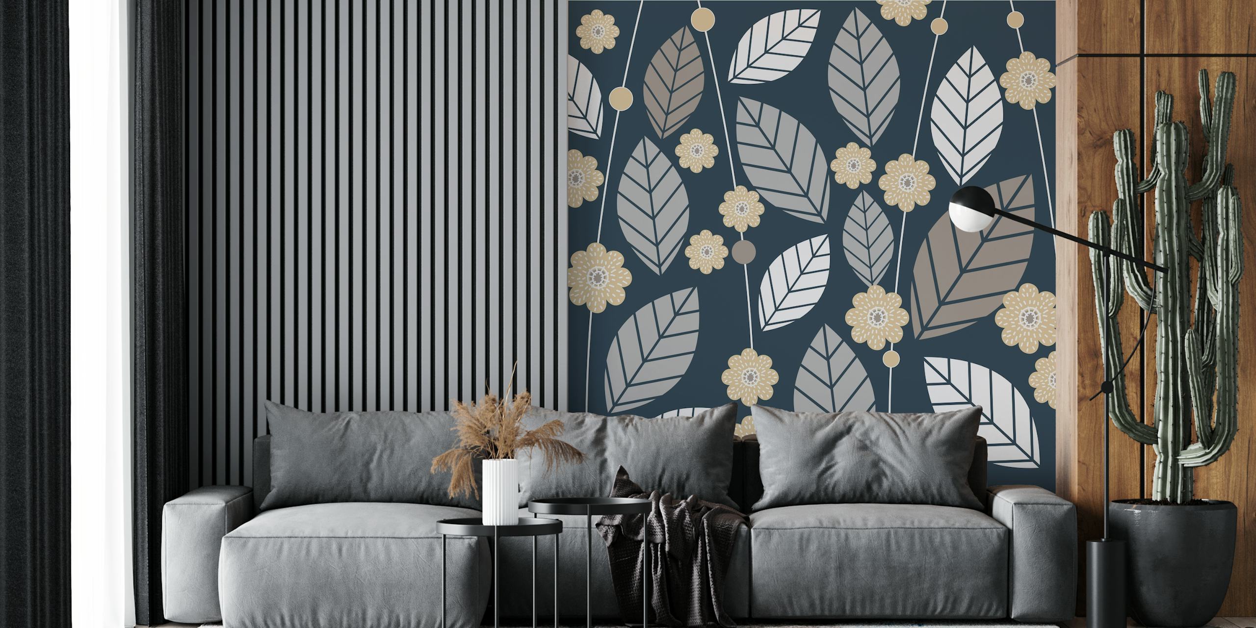 Fototapeta Scandi Earth Tones Leaf Flower s modrým pozadím a přírodními vzory
