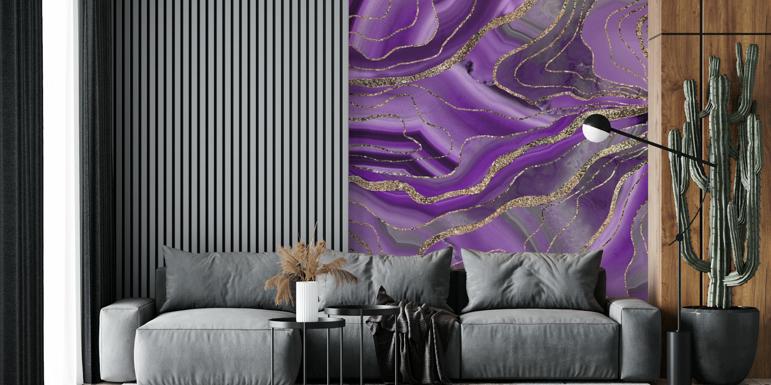 Purple and gold agate waves with glitter accents wallpaper