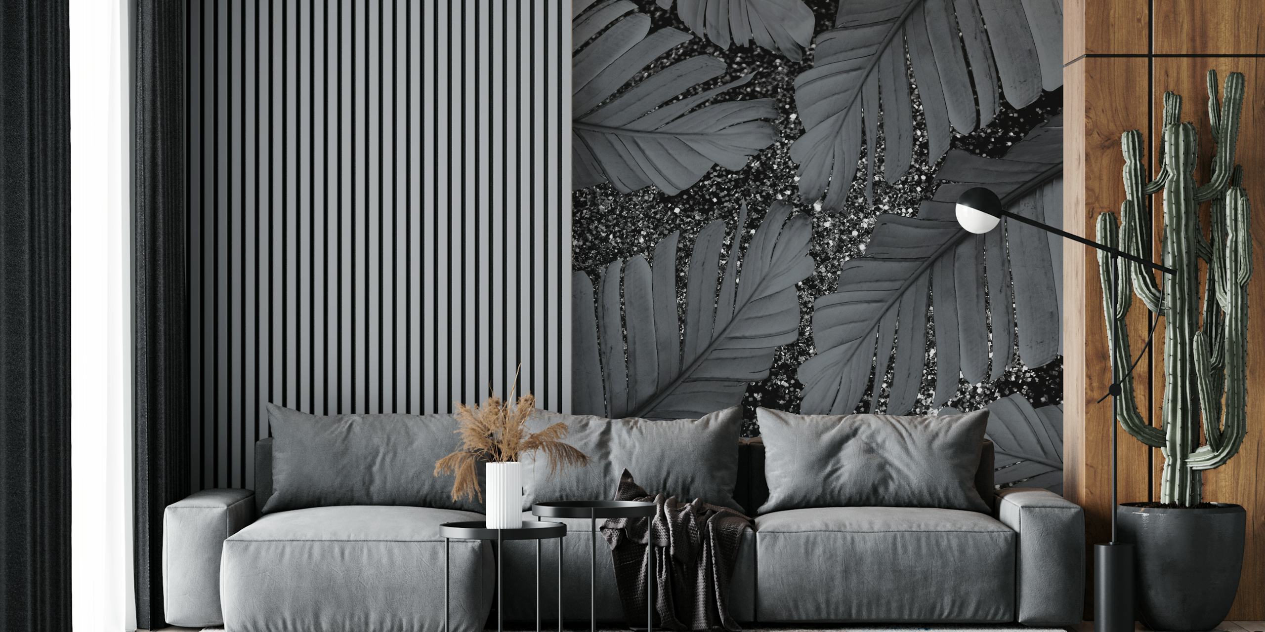 Monochromatic banana leaves with glittering details wall mural
