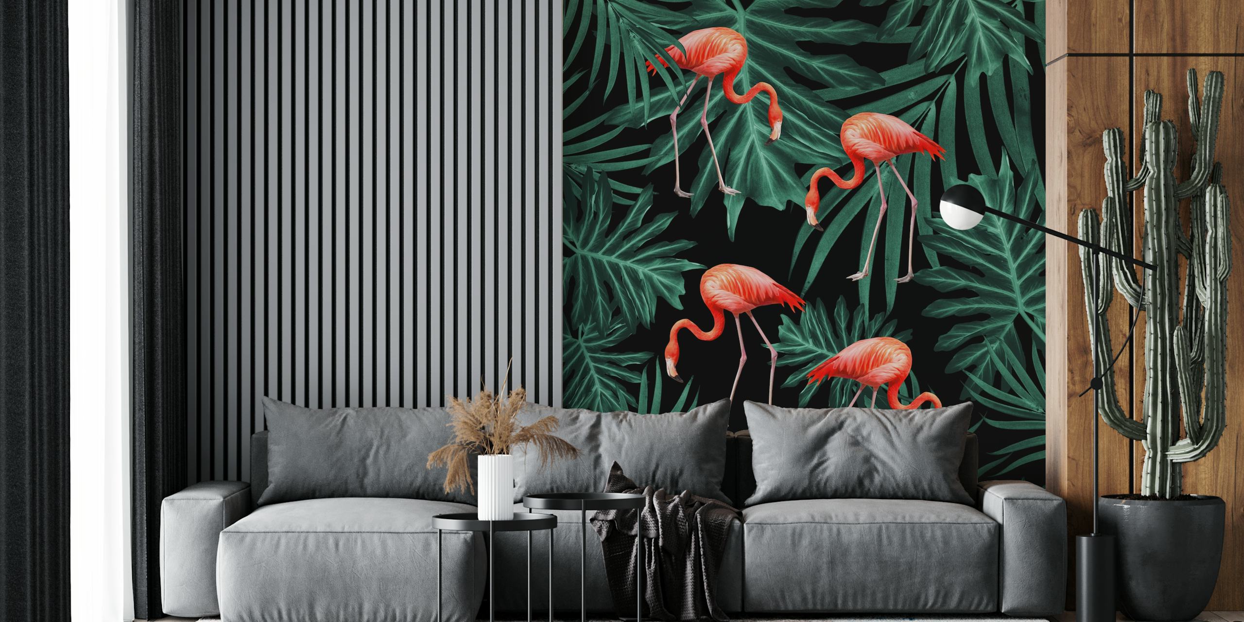 Flamingo and foliage pattern wallpaper in room