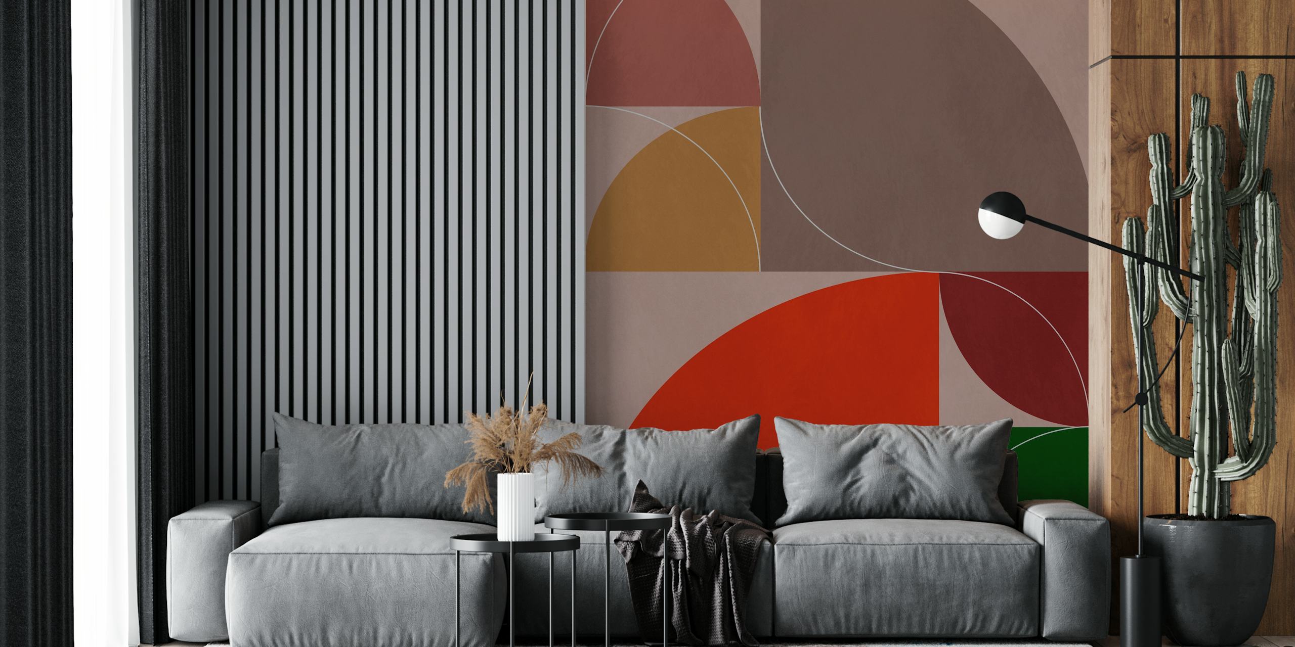 Geometric shapes in earthy tones: red, green, brown, and beige wallpaper