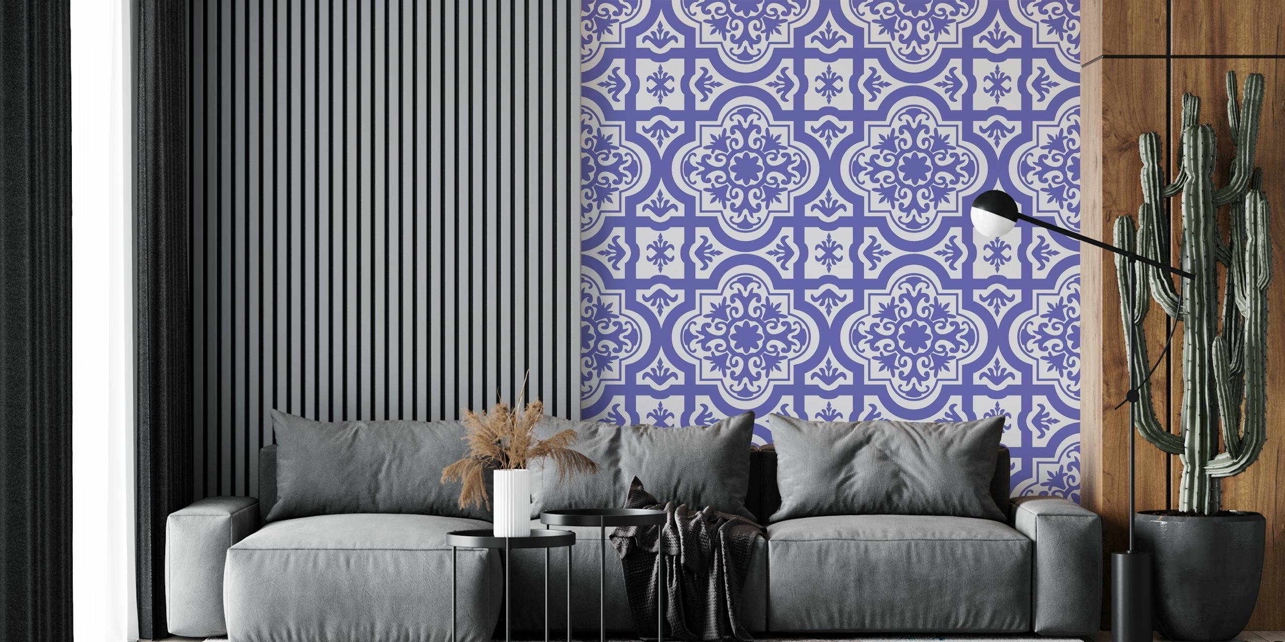 Geometric tile pattern in Very Peri purple and white colors wallpaper