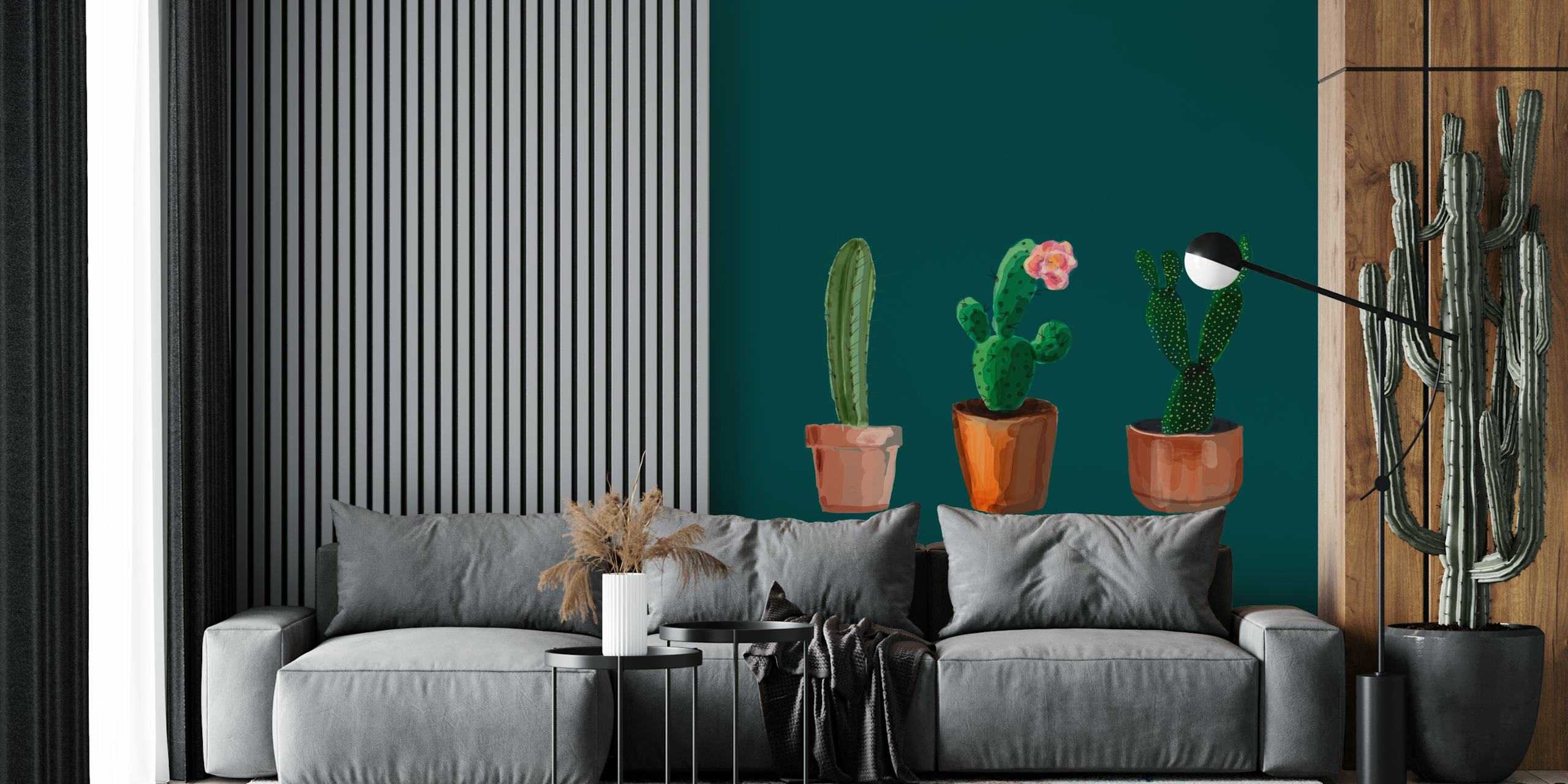 Three cacti wallpaper displayed in a room