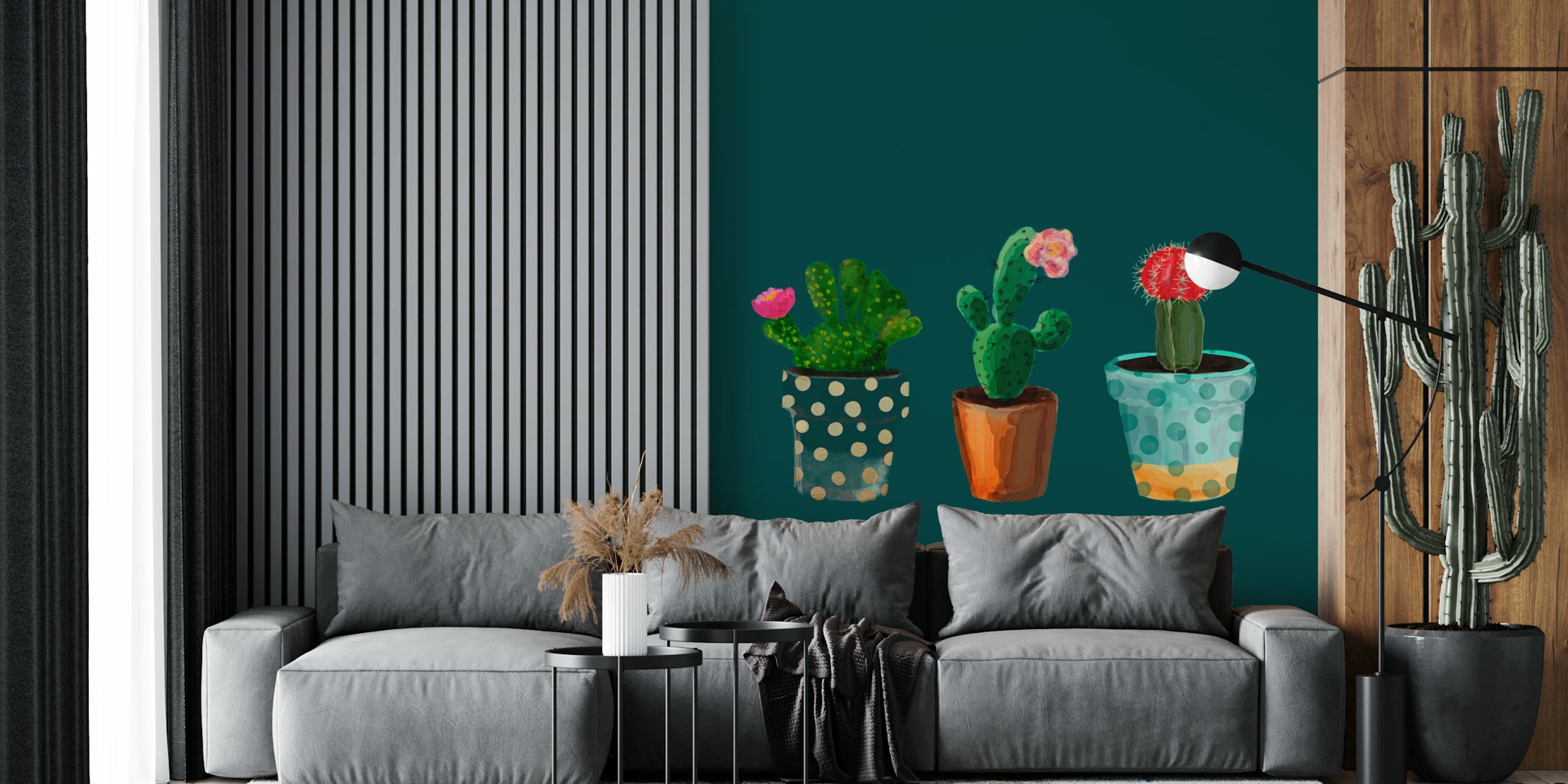Three cacti in pots with polka dots on a dark green wallpaper
