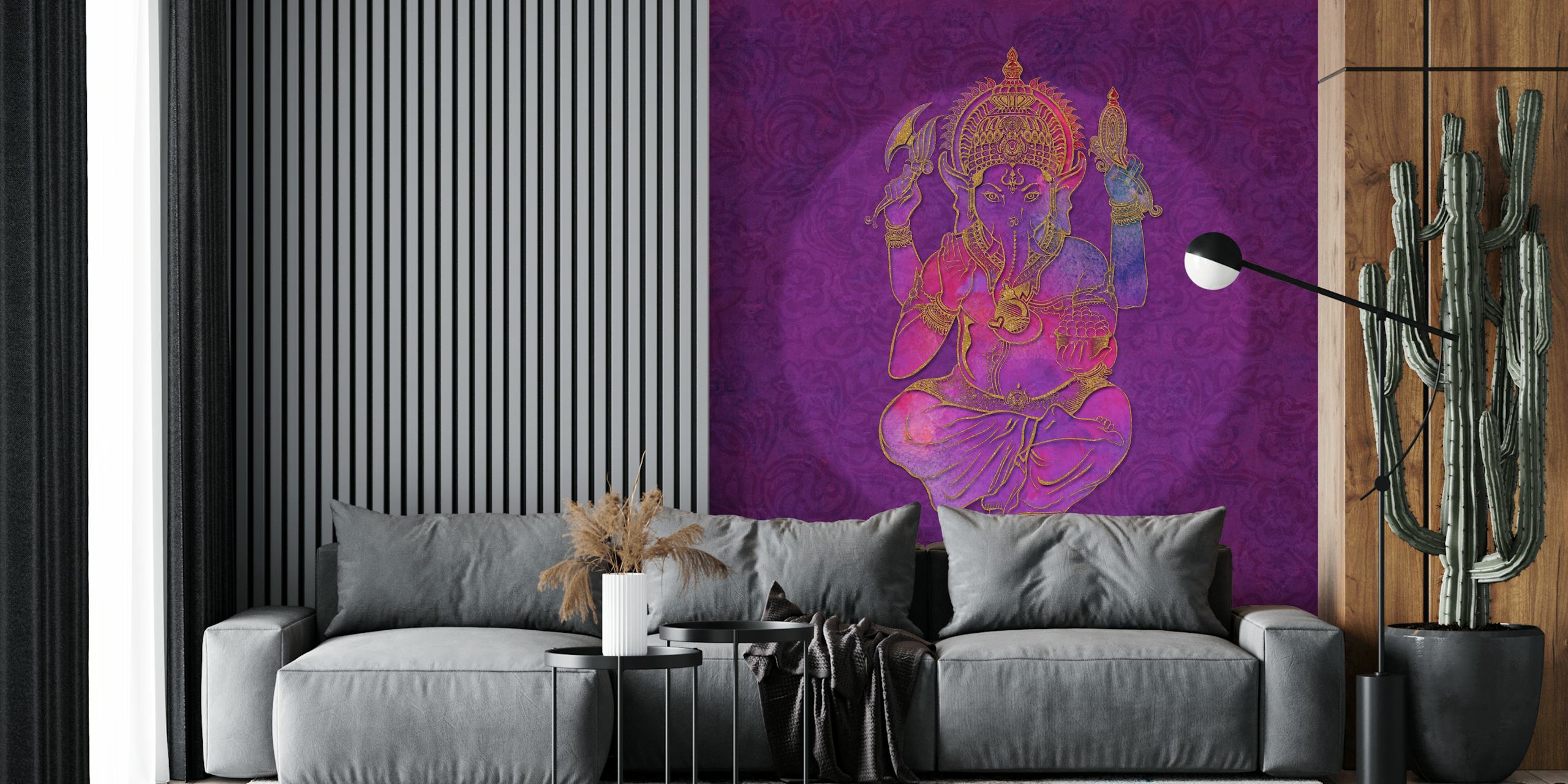 Ganesha Elephant Hindu God Wall Mural in rich purple hues for spiritual decor