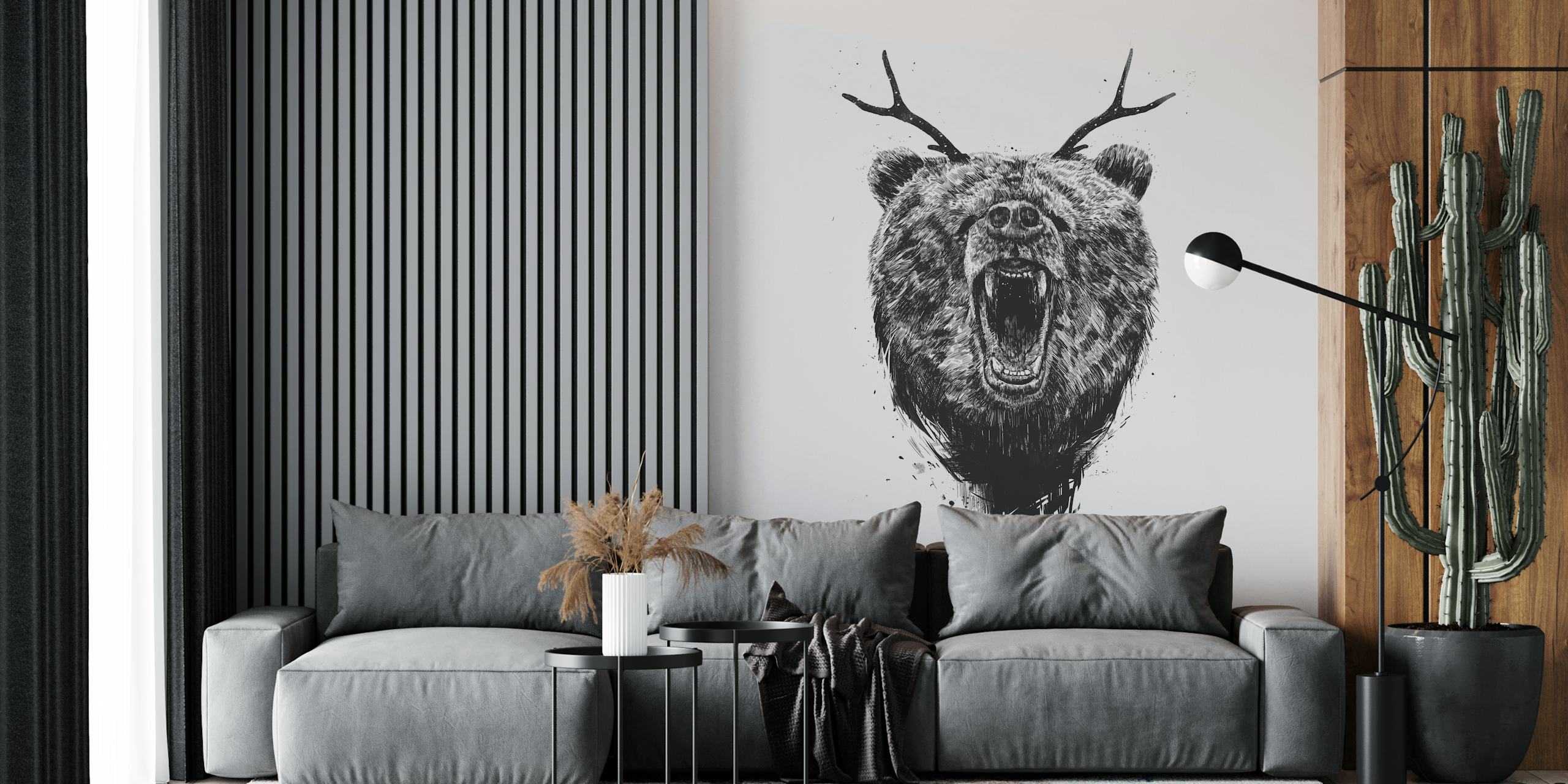 Papier peint noir et blanc d'un ours en colère avec des bois