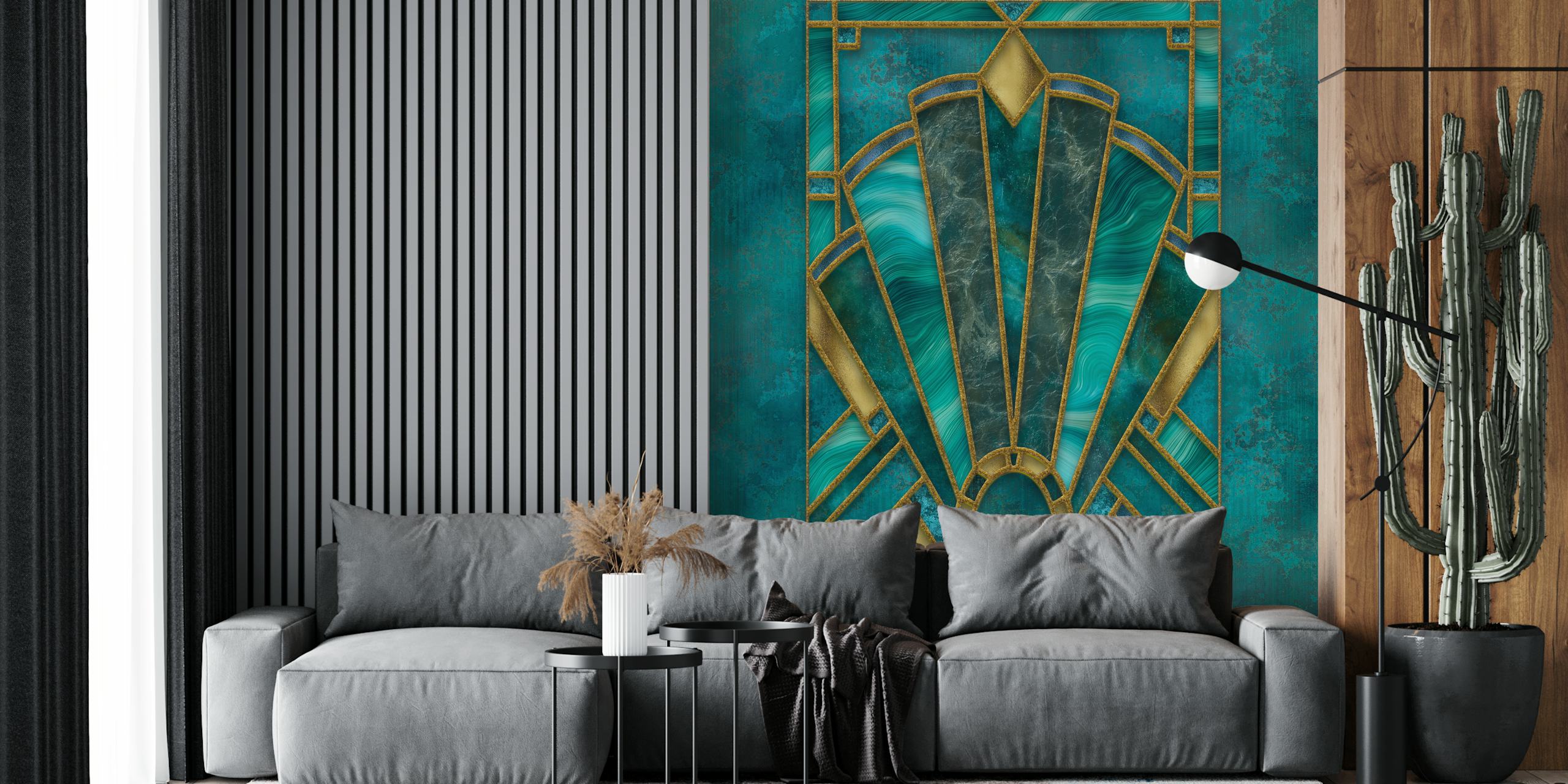 Art Deco style wallpaper featuring turquoise and gold geometric patterns