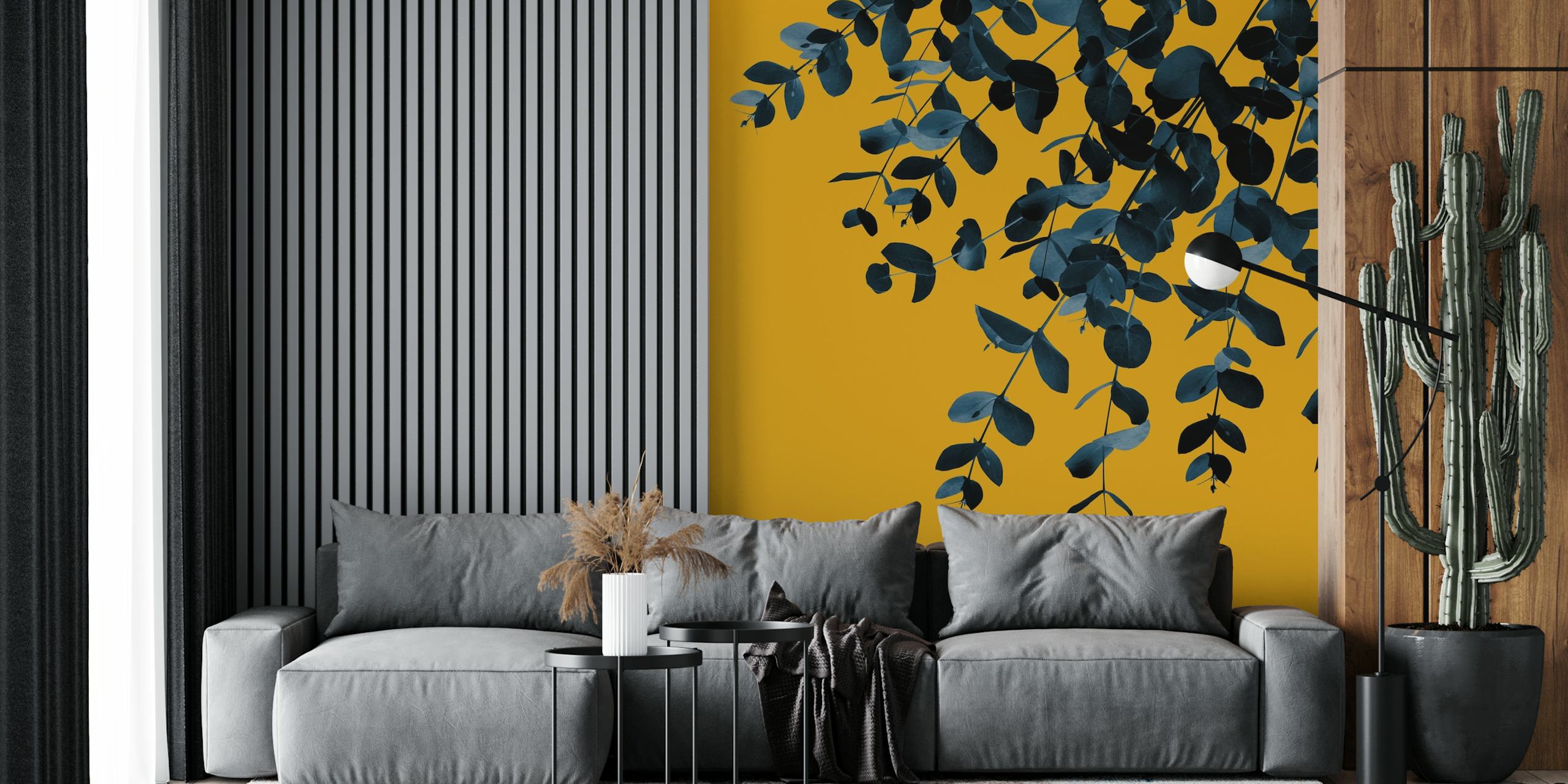Eucalyptus Blätter in dunklen Farben auf gelbem Hintergrund wallpaper