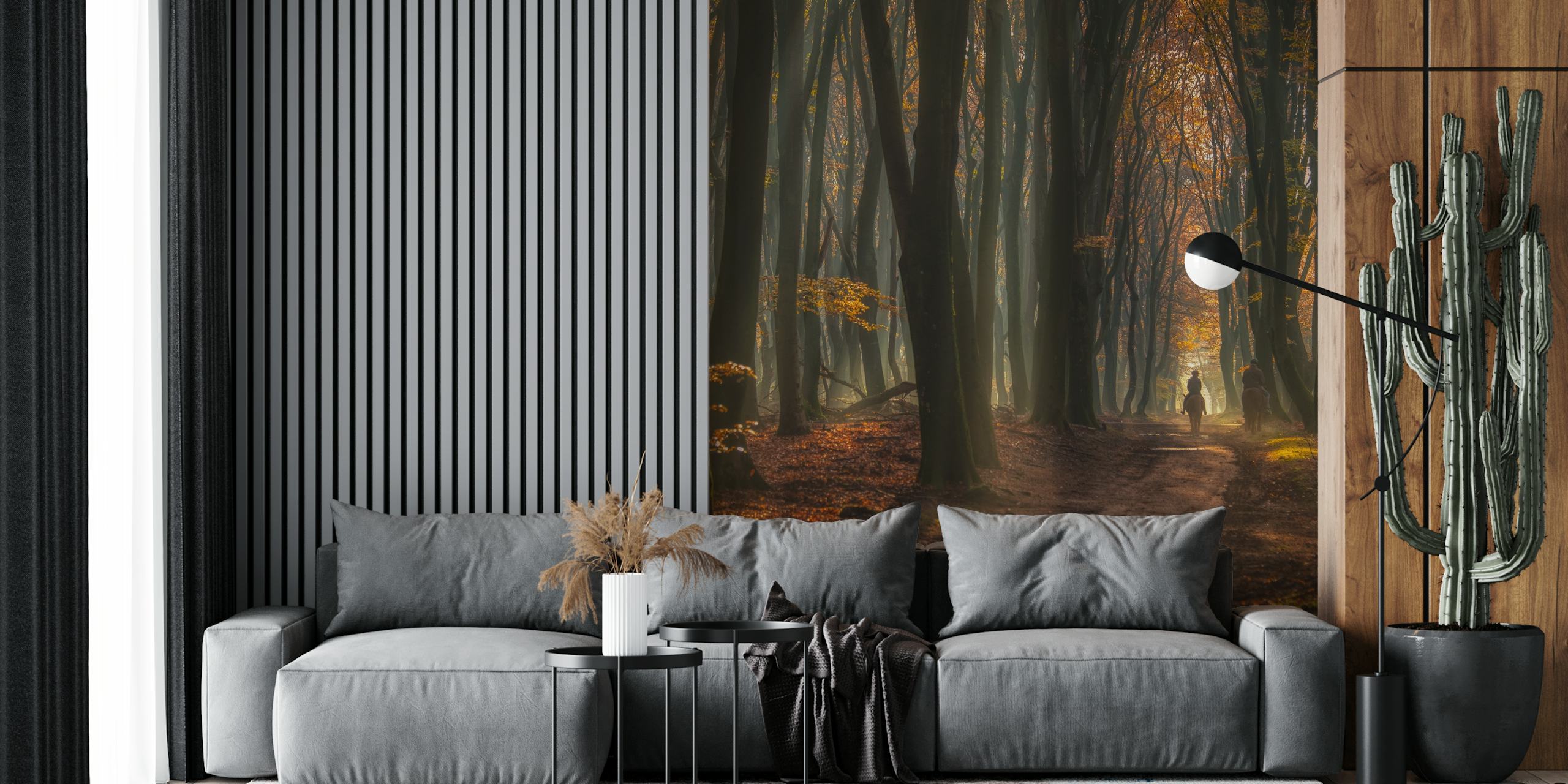 Forest pathway with autumn foliage and distant figures wallpaper